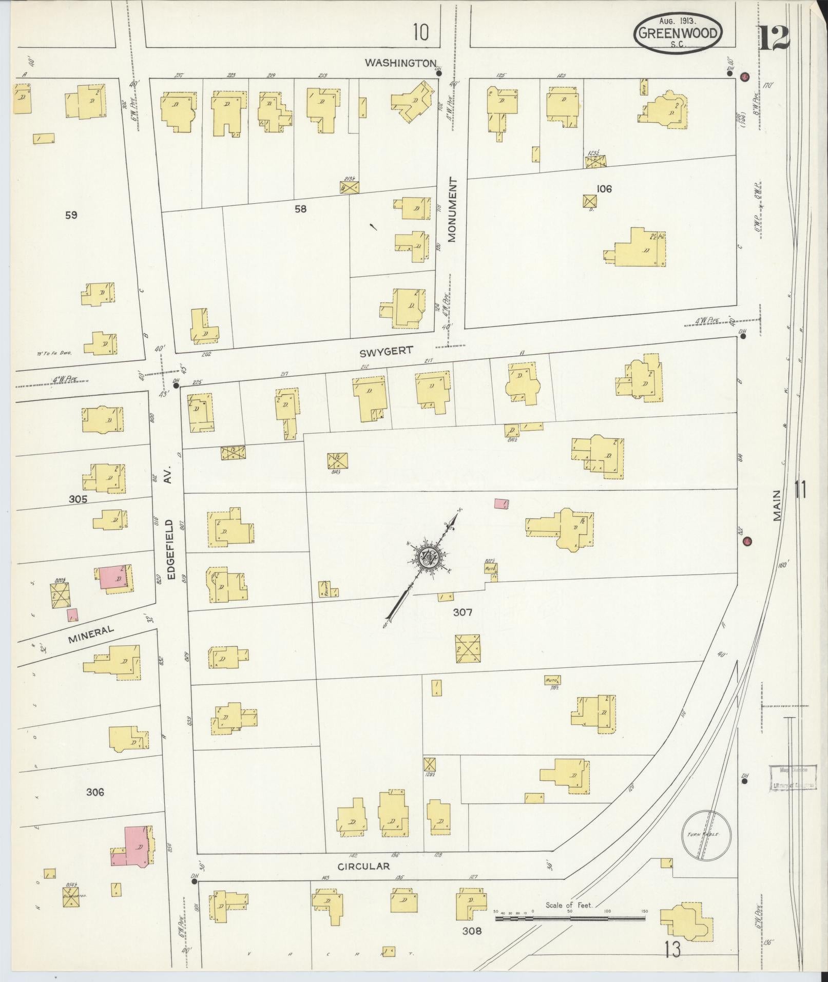 Sanborn Fire Insurance Map from Greenwood, Greenwood County, South Carolina (1913), Sheet #0012 - Complete Map Set gallery image, historic Sanborn map, vintage wall art, South Carolina South Carolina