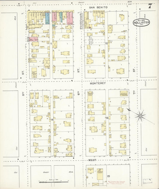 Sanborn Fire Insurance Map from Hollister, San Benito County, California (1892), Sheet #0007 - Historic Sanborn Fire Insurance Map Print, vintage old map wall art, antique decor, genealogy gift, California California map