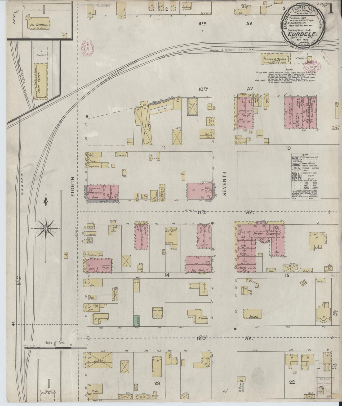 Sanborn Fire Insurance Map from Cordele, Crisp County, Georgia (1895), Sheet #0001 - Complete Map Set gallery image, historic Sanborn map, vintage wall art, Georgia Georgia