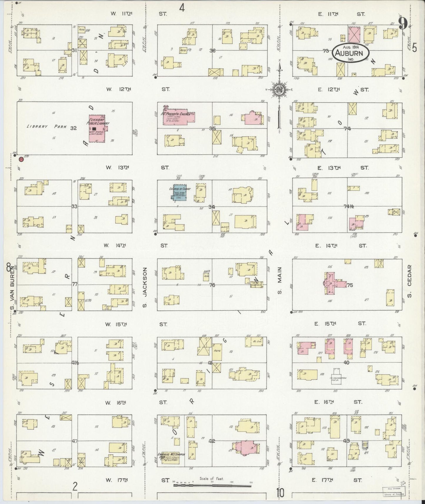 Sanborn Fire Insurance Map from Auburn, De Kalb County, Indiana (1914), Sheet #0009 - Historic Sanborn Fire Insurance Map Print, vintage old map wall art, antique decor, genealogy gift, Indiana Indiana map