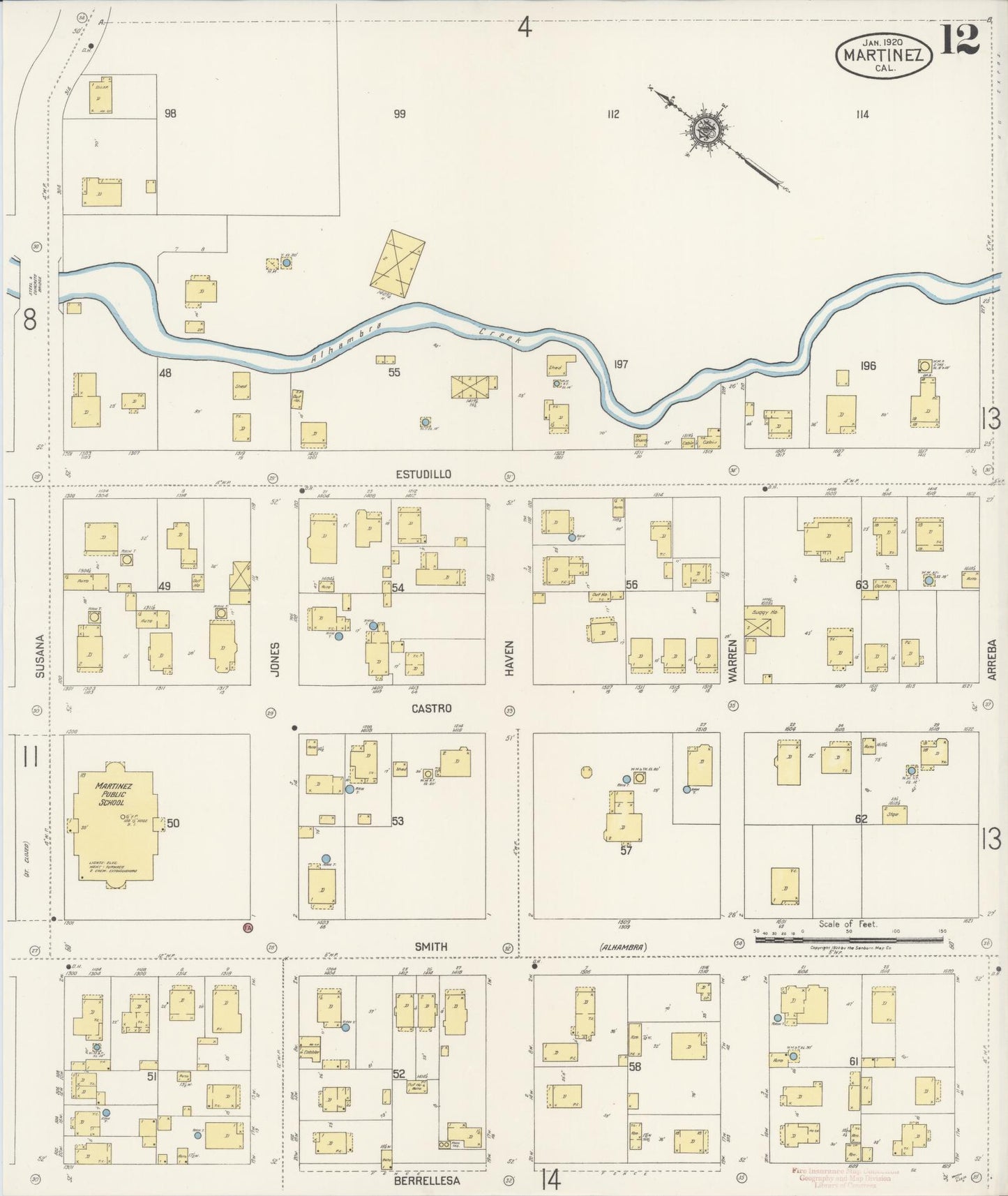 Sanborn Fire Insurance Map from Martinez, Contra Costa County, California (1920), Sheet #0012 - Historic Sanborn Fire Insurance Map Print, vintage old map wall art, antique decor, genealogy gift, California California map