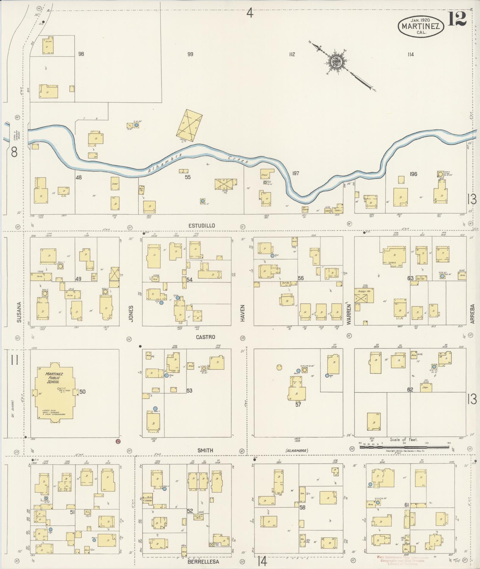Sanborn Fire Insurance Map from Martinez, Contra Costa County, California (1920), Sheet #0012 - Historic Sanborn Fire Insurance Map Print, vintage old map wall art, antique decor, genealogy gift, California California map