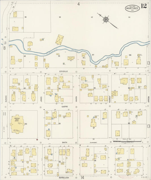 Sanborn Fire Insurance Map from Martinez, Contra Costa County, California (1920), Sheet #0012 - Historic Sanborn Fire Insurance Map Print, vintage old map wall art, antique decor, genealogy gift, California California map