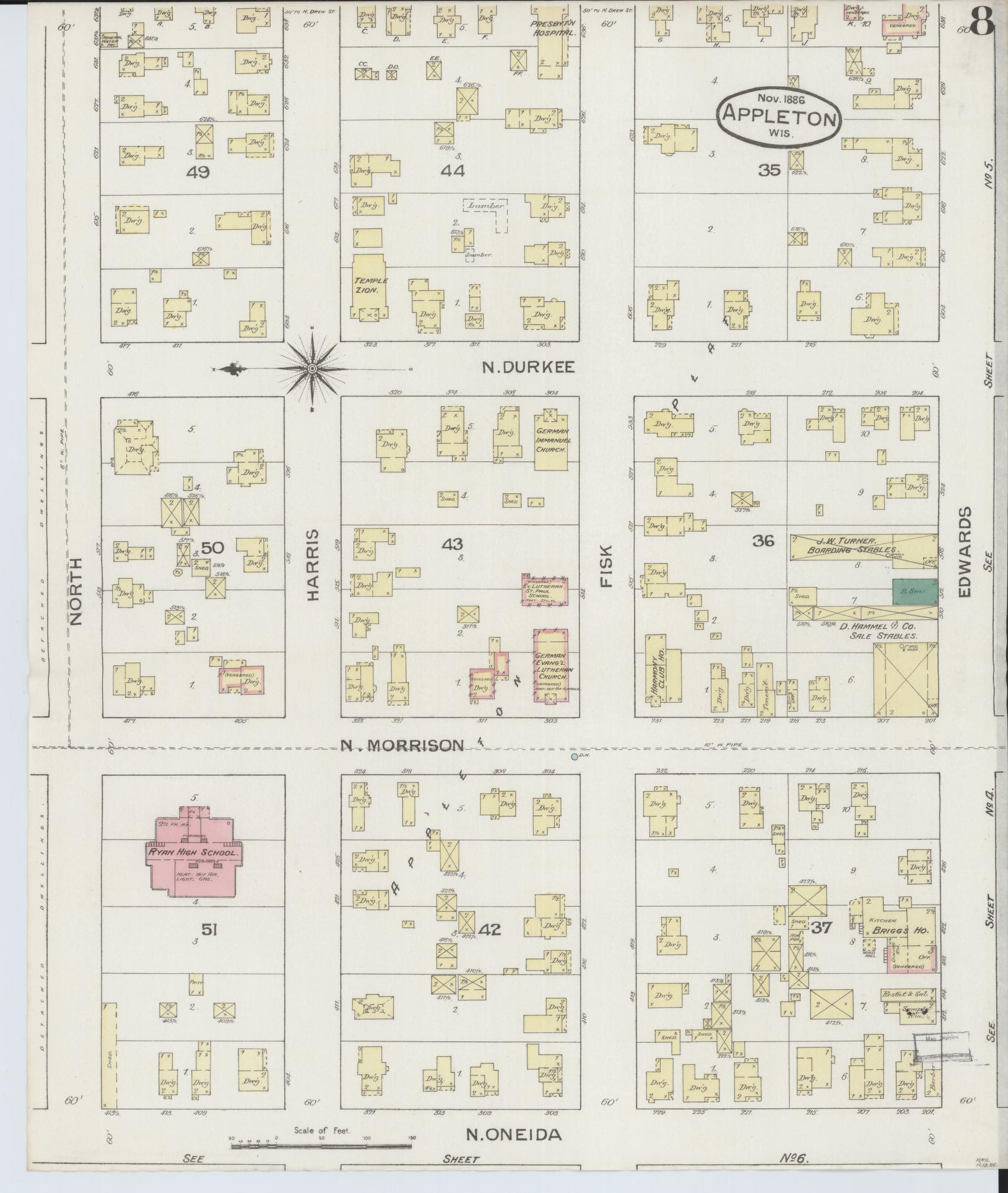 Sanborn Fire Insurance Map from Appleton, Outagamie County, Wisconsin (1886), Sheet #0008 - Historic Sanborn Fire Insurance Map Print, vintage old map wall art, antique decor, genealogy gift, Wisconsin Wisconsin map