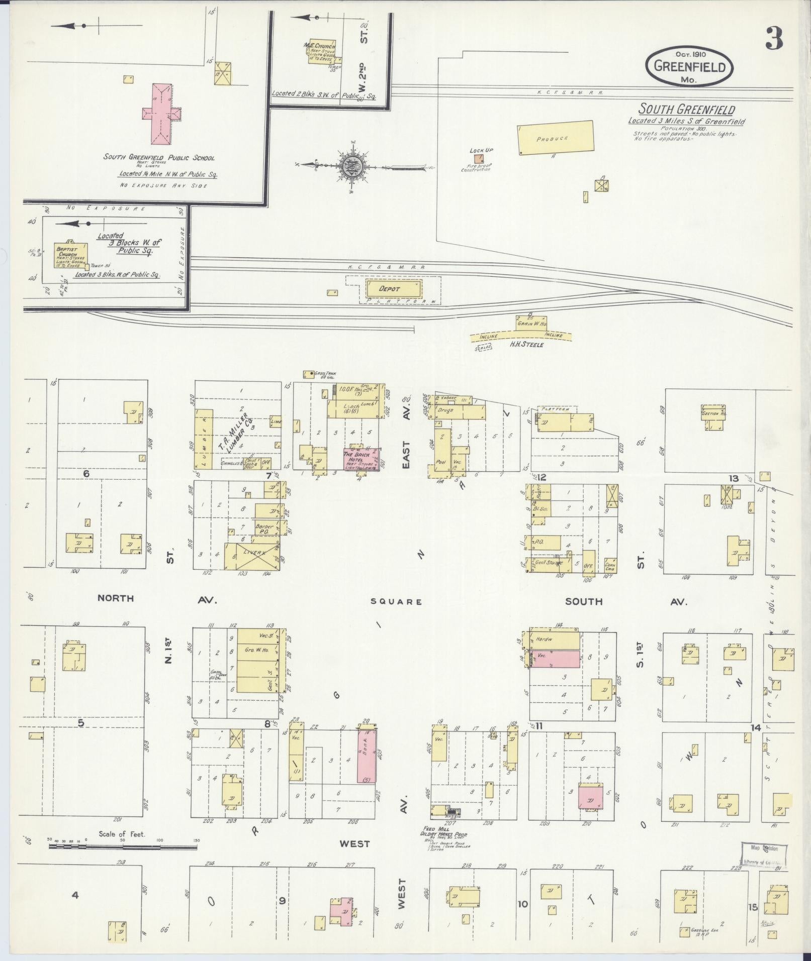 Sanborn Fire Insurance Map from Greenfield, Dade County, Missouri (1910), Sheet #0003 - Complete Map Set gallery image, historic Sanborn map, vintage wall art, Missouri Missouri
