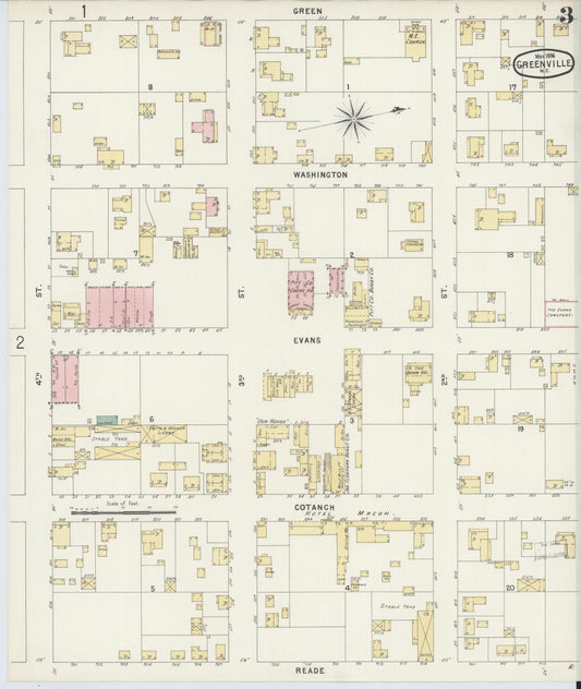 Sanborn Fire Insurance Map from Greenville, Pitt County, North Carolina (1896), Sheet #0003 - Historic Sanborn Fire Insurance Map Print, vintage old map wall art, antique decor, genealogy gift, North Carolina North Carolina map