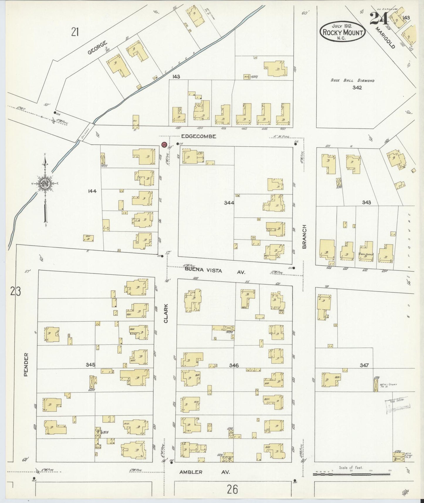 Sanborn Fire Insurance Map from Rocky Mount, Edgecombe And Nash Counties, North Carolina (1912), Sheet #0024 - Historic Sanborn Fire Insurance Map Print, vintage old map wall art, antique decor, genealogy gift, North Carolina North Carolina map