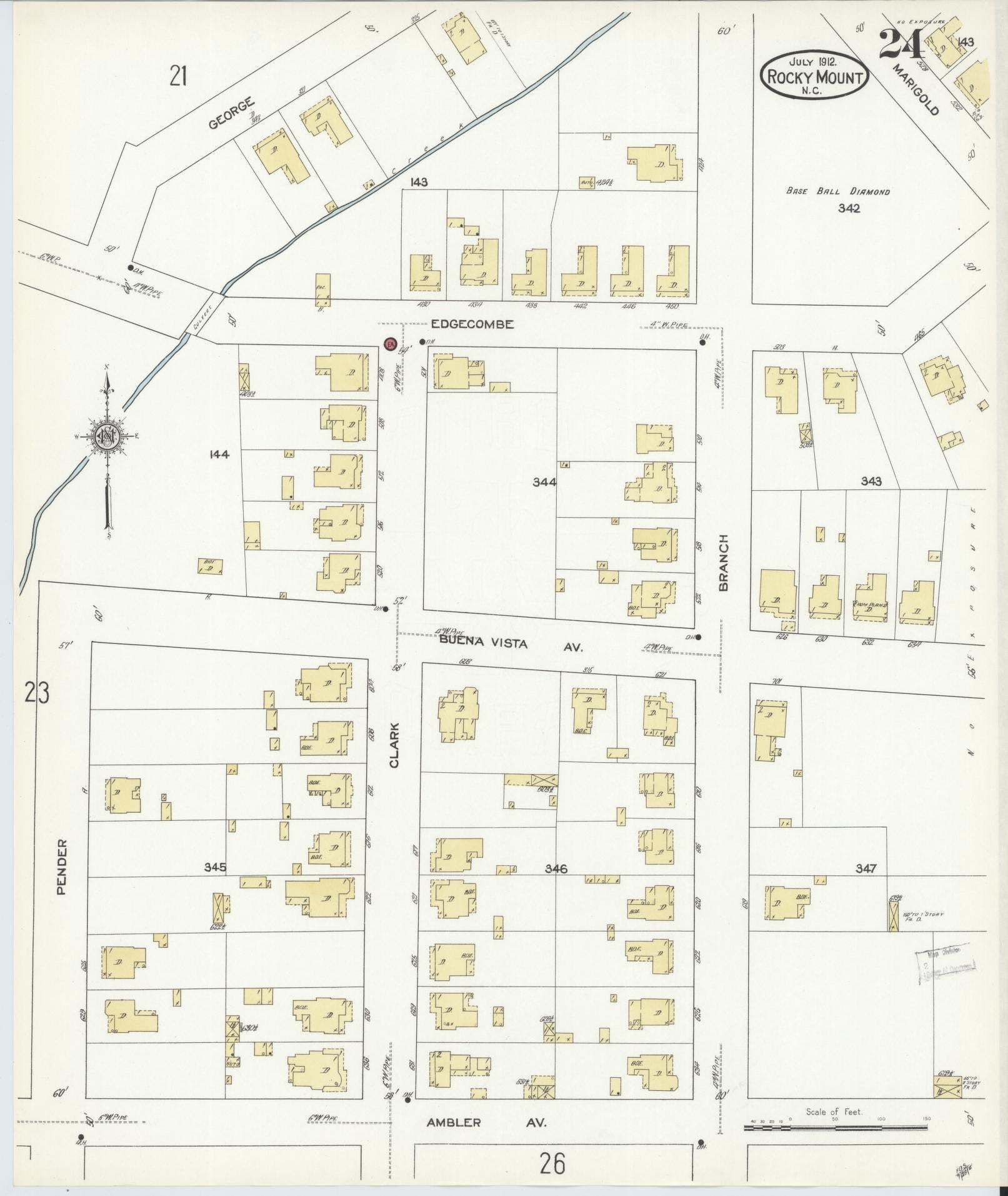 Sanborn Fire Insurance Map from Rocky Mount, Edgecombe And Nash Counties, North Carolina (1912), Sheet #0024 - Historic Sanborn Fire Insurance Map Print, vintage old map wall art, antique decor, genealogy gift, North Carolina North Carolina map