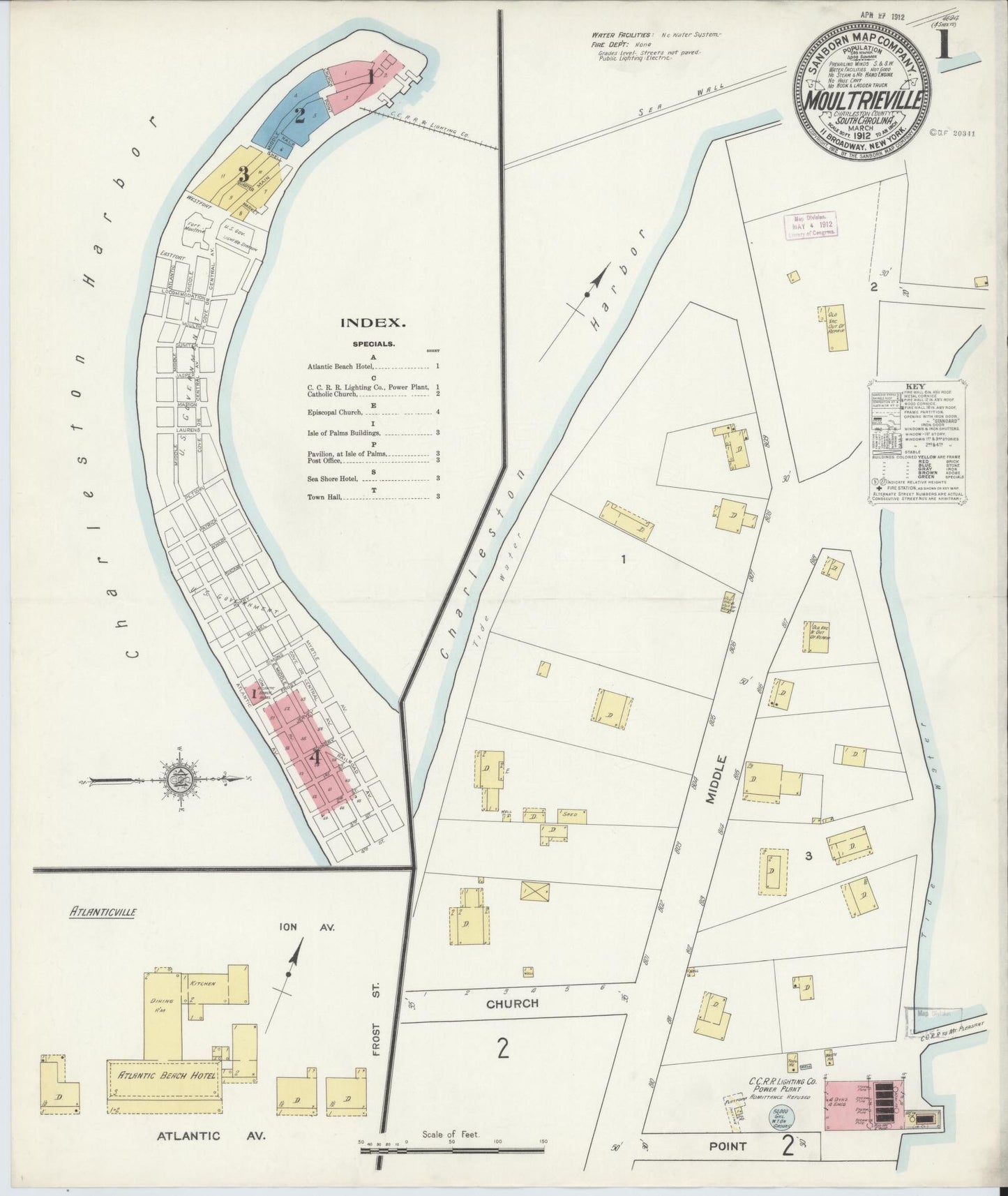 Sanborn Fire Insurance Map from Moultrieville, Charleston County, South Carolina (1912), Sheet #0001 - Historic Sanborn Fire Insurance Map Print, vintage old map wall art, antique decor, genealogy gift, South Carolina South Carolina map