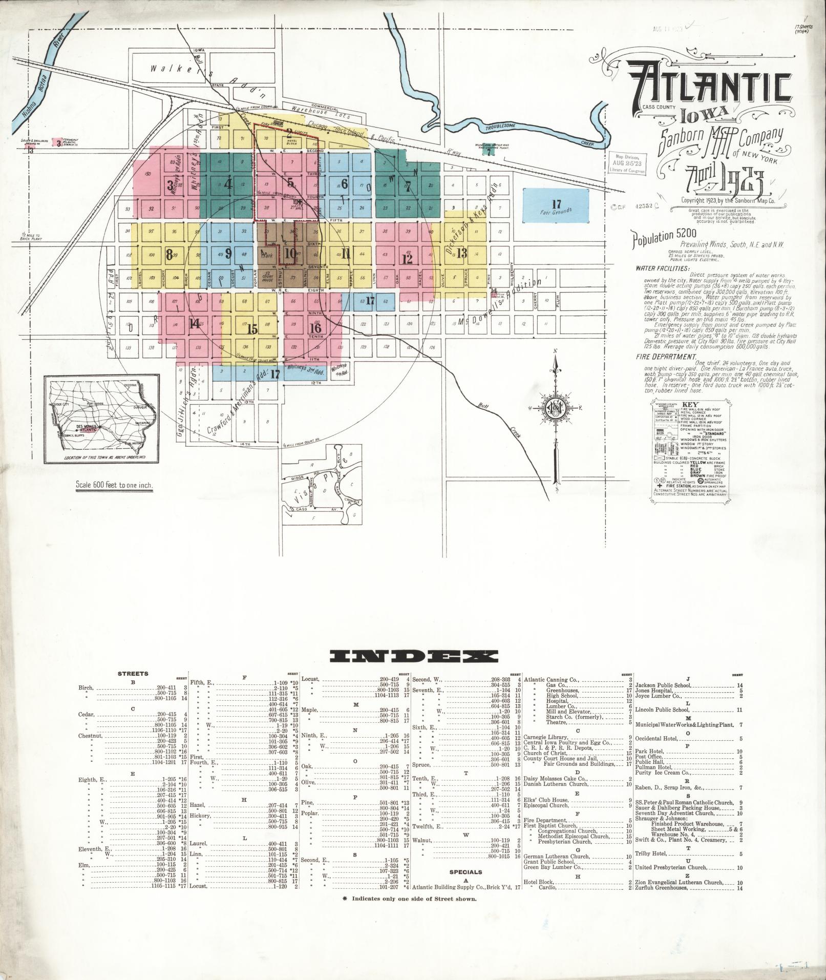 Sanborn Fire Insurance Map from Atlantic, Cass County, Iowa (1923), Sheet #0001 - Historic Sanborn Fire Insurance Map Print