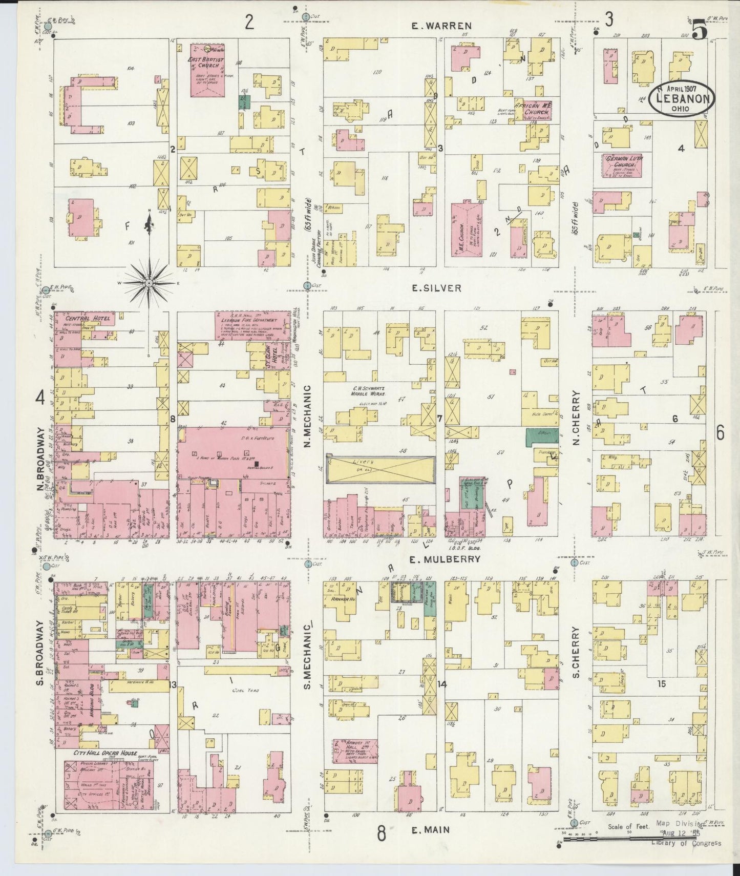Sanborn Fire Insurance Map from Lebanon, Warren County, Ohio (1907), Sheet #0005 - Complete Map Set gallery image, historic Sanborn map, vintage wall art, Ohio Ohio