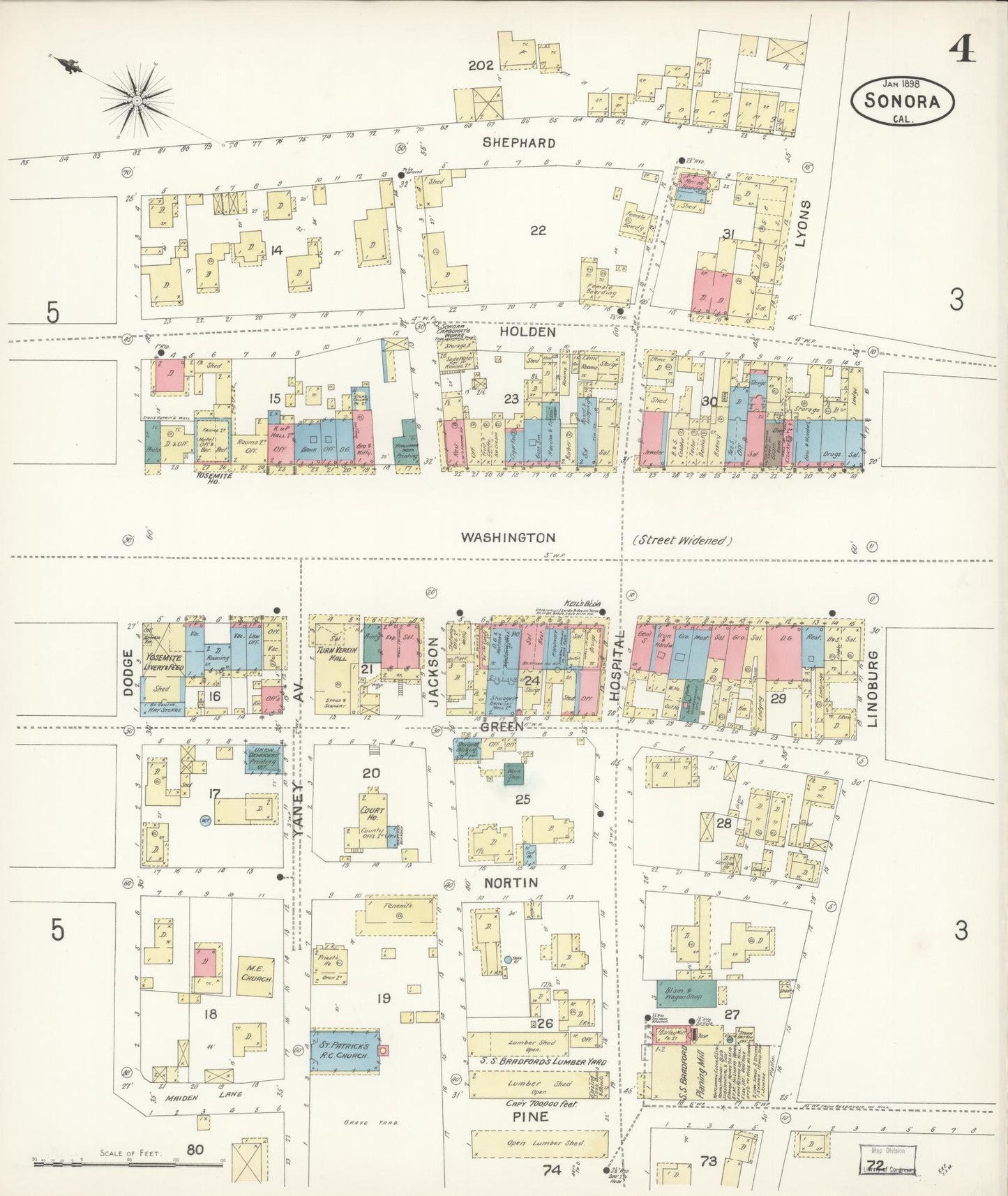 Sanborn Fire Insurance Map from Sonora, Tuolumne County, California (1898), Sheet #0004 - Complete Map Set gallery image, historic Sanborn map, vintage wall art, California California