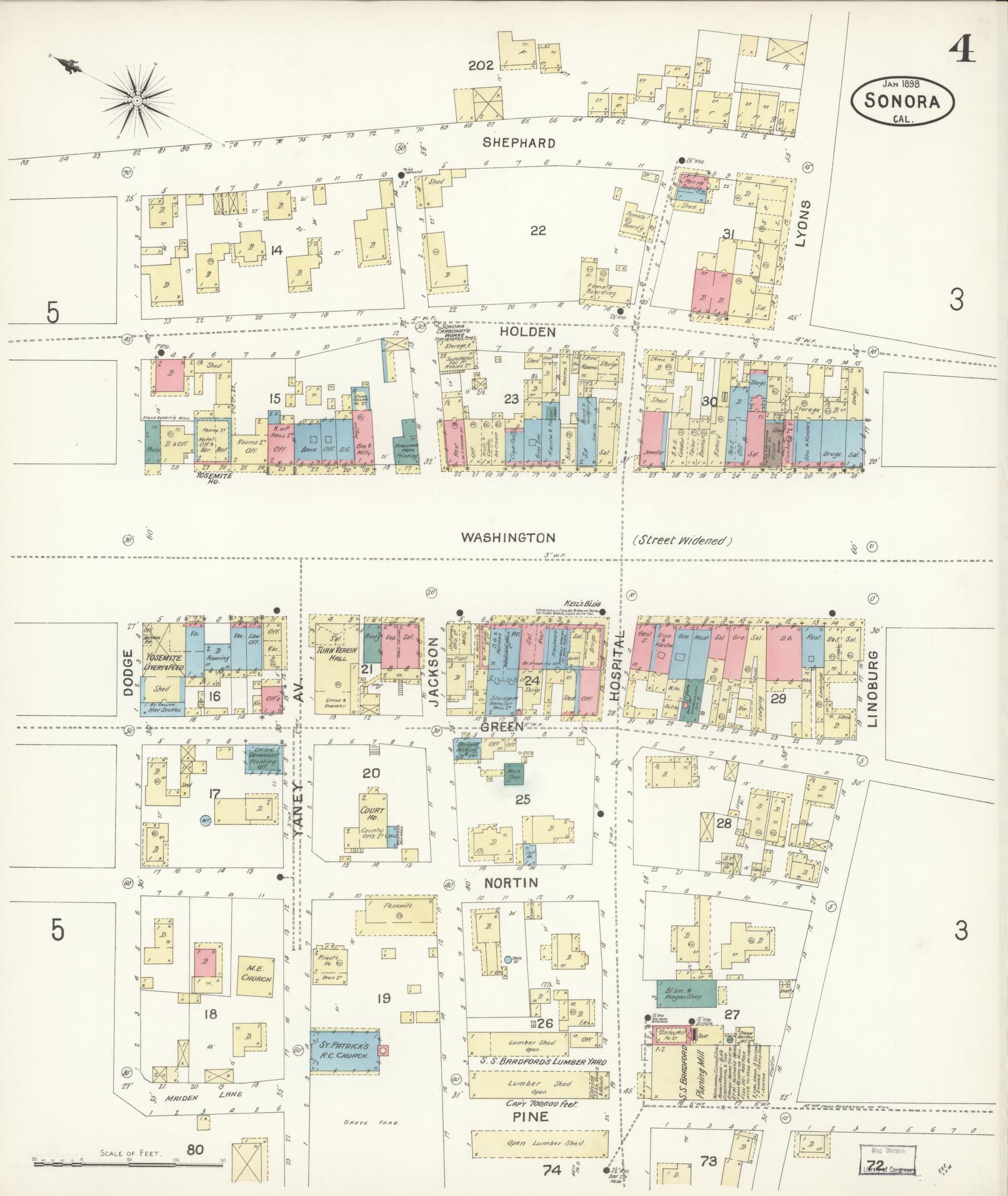 Sanborn Fire Insurance Map from Sonora, Tuolumne County, California (1898), Sheet #0004 - Complete Map Set gallery image, historic Sanborn map, vintage wall art, California California
