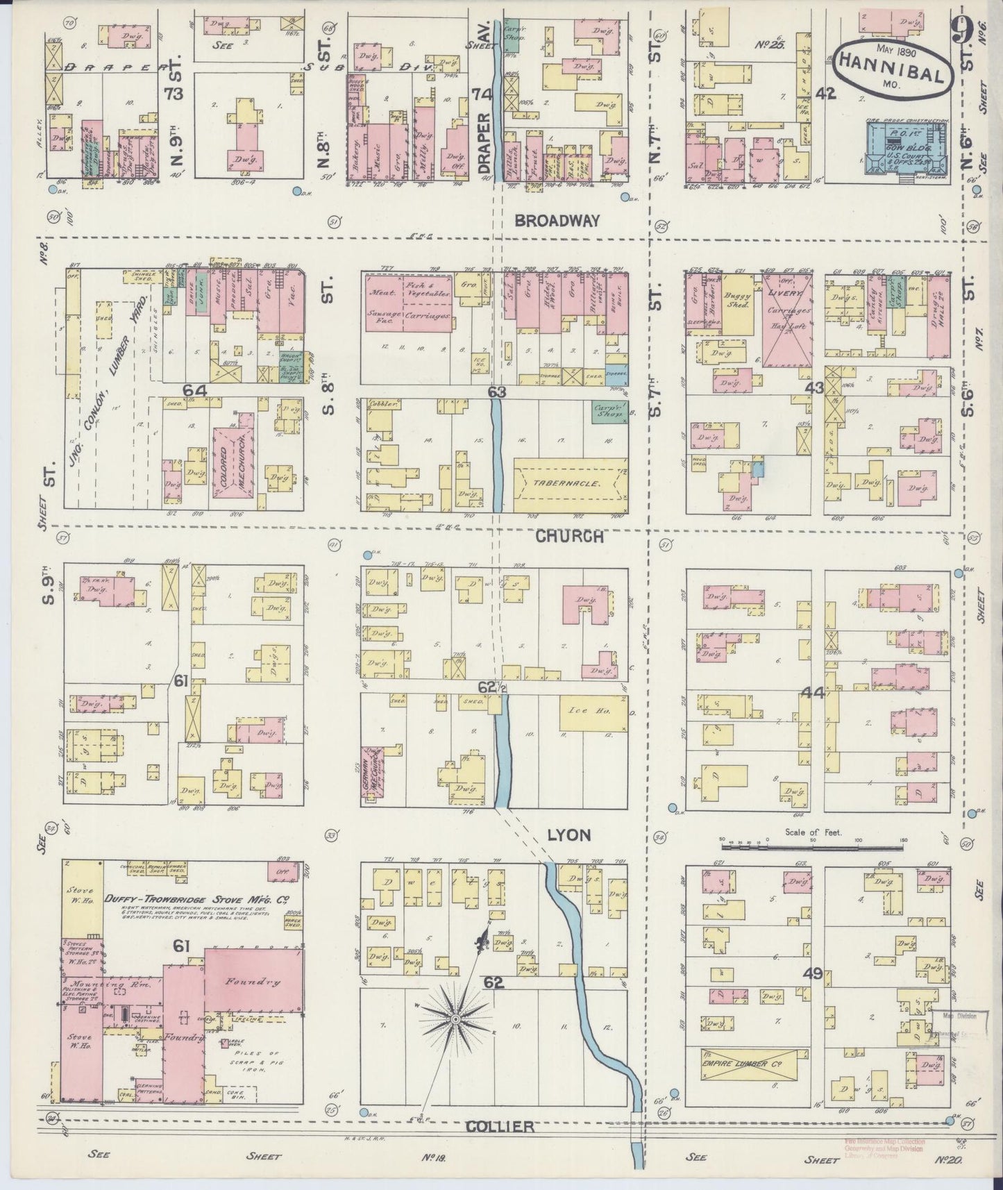 Sanborn Fire Insurance Map from Hannibal, Marion County, Missouri (1890), Sheet #0009 - Historic Sanborn Fire Insurance Map Print, vintage old map wall art, antique decor, genealogy gift, Missouri Missouri map