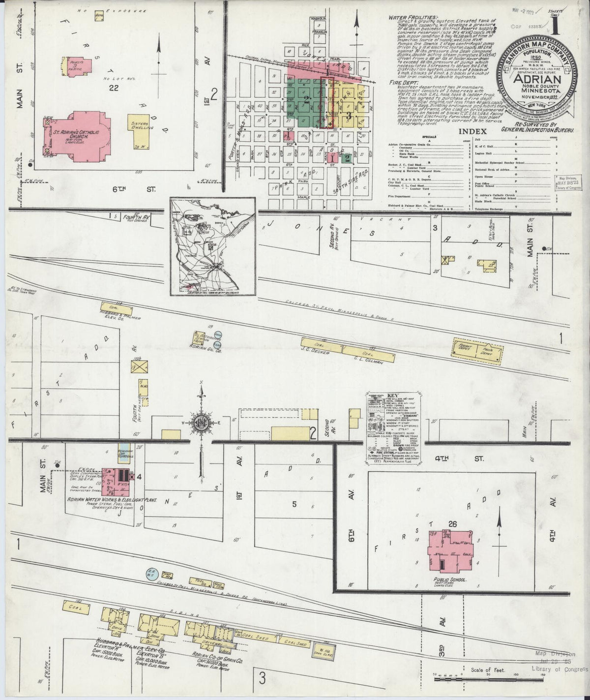Sanborn Fire Insurance Map from Adrian, Nobles County, Minnesota (1922), Sheet #0001 - Complete Map Set gallery image, historic Sanborn map, vintage wall art, Minnesota Minnesota