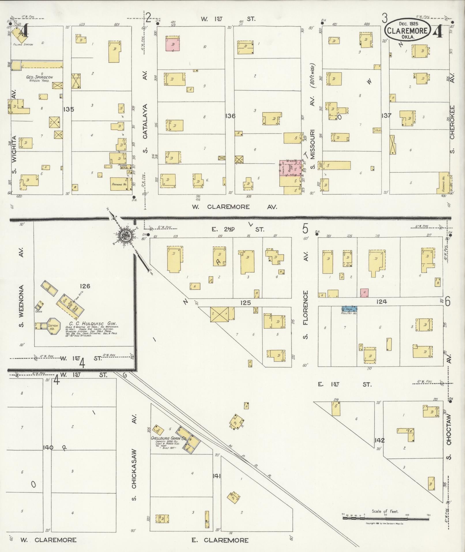 Sanborn Fire Insurance Map from Claremore, Rogers County, Oklahoma (1925), Sheet #0004 - Complete Map Set gallery image, historic Sanborn map, vintage wall art, Oklahoma Oklahoma
