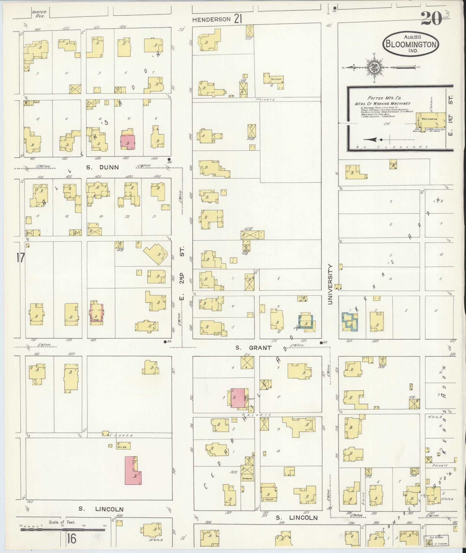 Sanborn Fire Insurance Map from Bloomington, Monroe County, Indiana (1913), Sheet #0020 - Historic Sanborn Fire Insurance Map Print, vintage old map wall art, antique decor, genealogy gift, Indiana Indiana map
