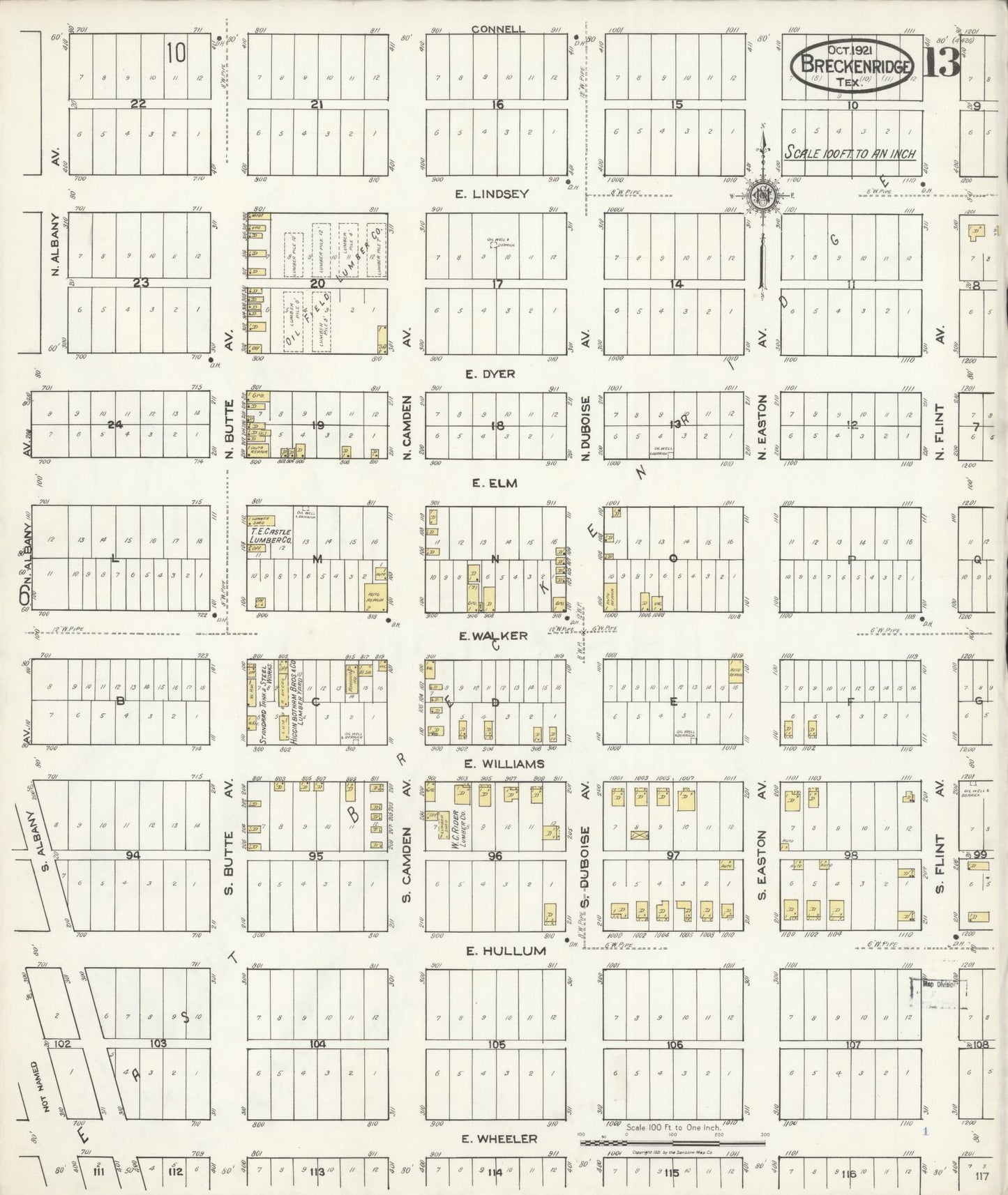 Sanborn Fire Insurance Map from Breckenridge, Stephens County, Texas (1921), Sheet #0013 - Historic Sanborn Fire Insurance Map Print, vintage old map wall art, antique decor, genealogy gift, Texas Texas map
