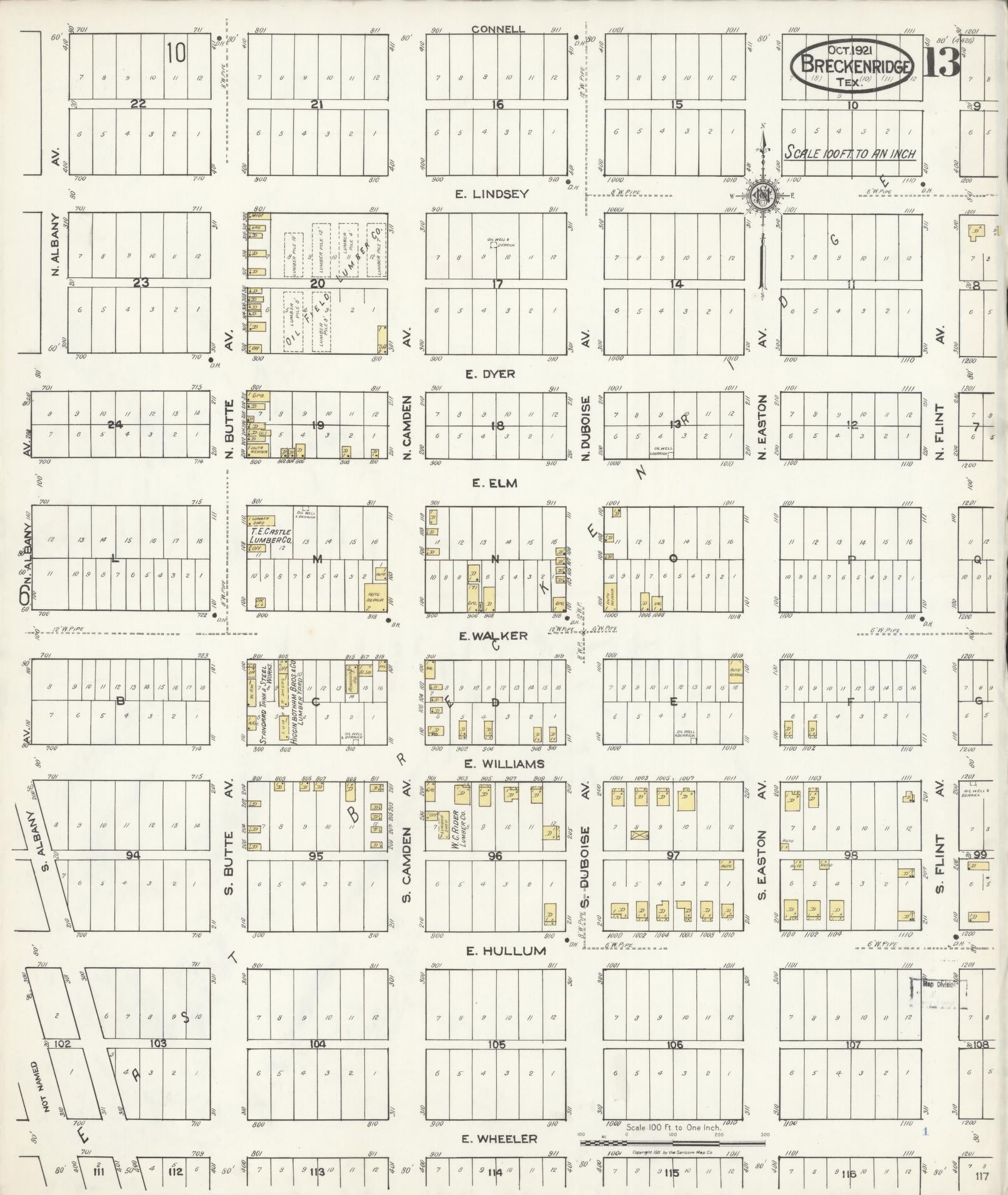 Sanborn Fire Insurance Map from Breckenridge, Stephens County, Texas (1921), Sheet #0013 - Historic Sanborn Fire Insurance Map Print, vintage old map wall art, antique decor, genealogy gift, Texas Texas map
