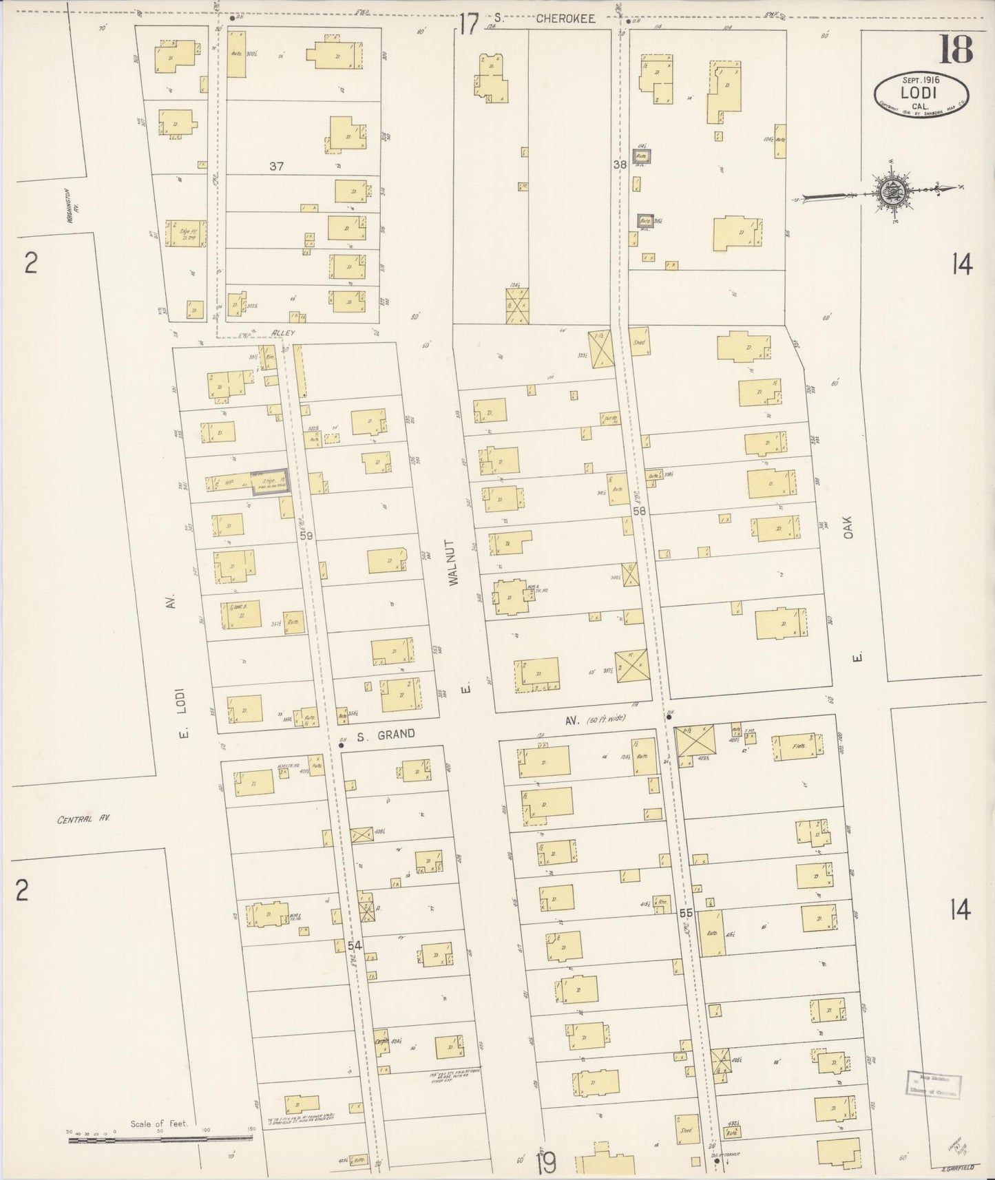 Sanborn Fire Insurance Map from Lodi, San Joaquin County, California (1916), Sheet #0018 - Historic Sanborn Fire Insurance Map Print, vintage old map wall art, antique decor, genealogy gift, California California map