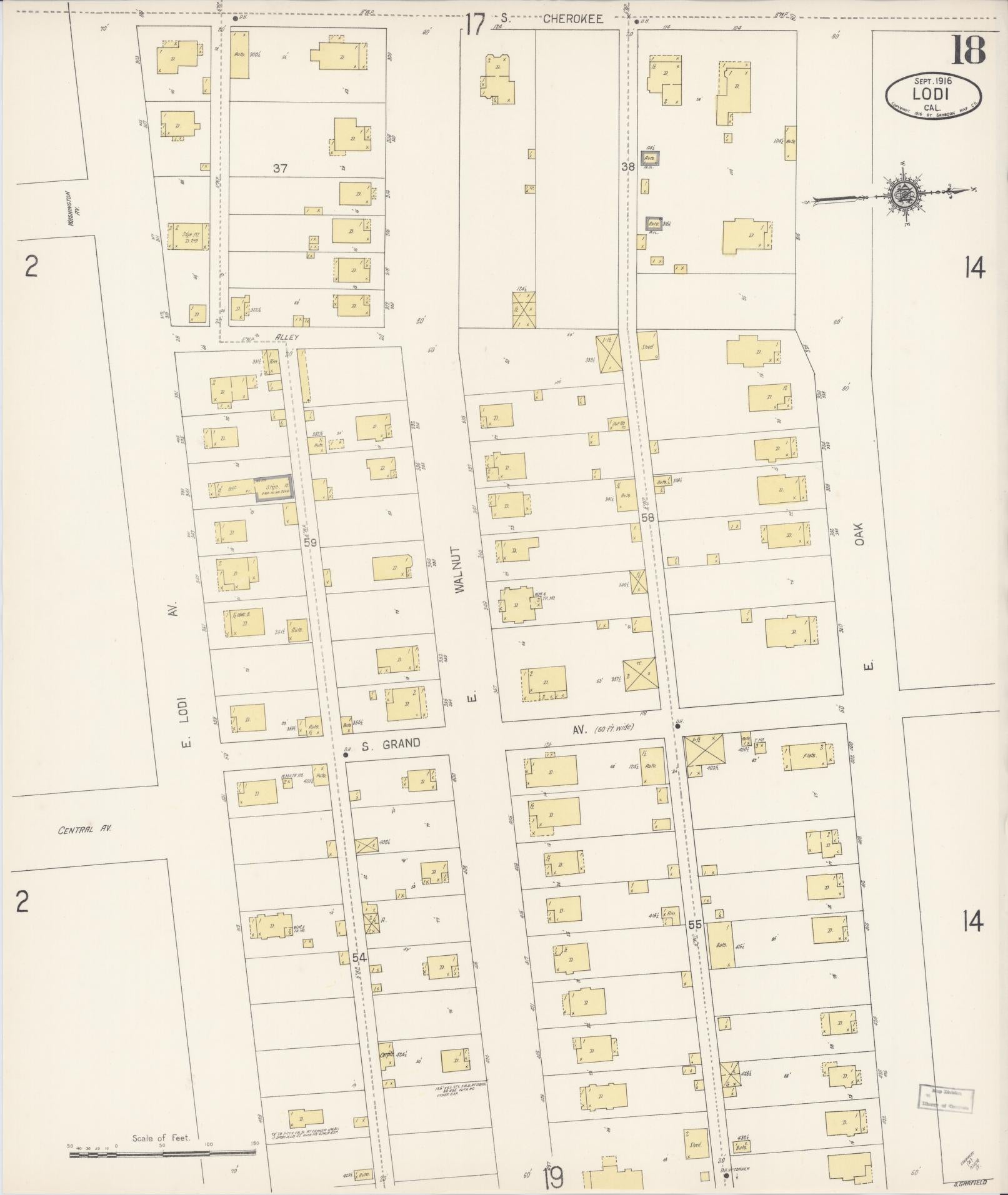 Sanborn Fire Insurance Map from Lodi, San Joaquin County, California (1916), Sheet #0018 - Historic Sanborn Fire Insurance Map Print, vintage old map wall art, antique decor, genealogy gift, California California map