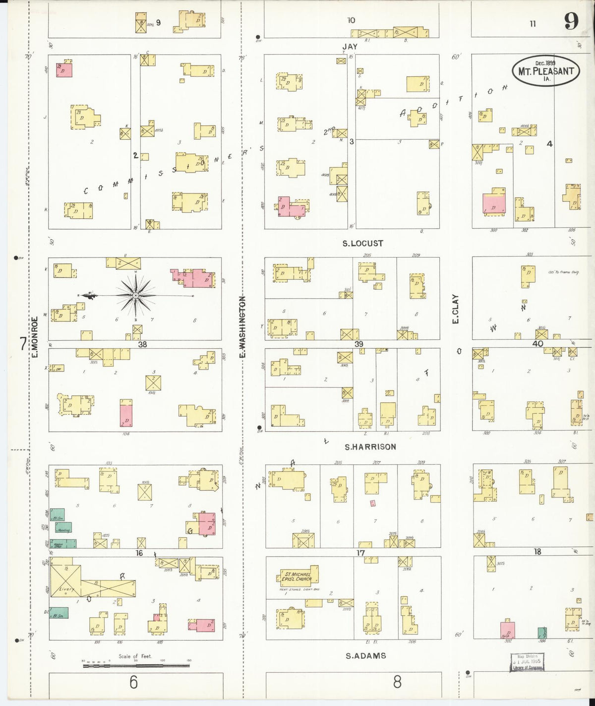 Sanborn Fire Insurance Map from Mount Pleasant, Henry County, Iowa (1899), Sheet #0009 - Historic Sanborn Fire Insurance Map Print, vintage old map wall art