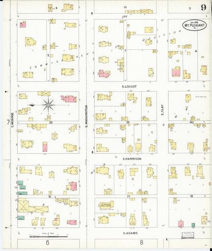 Sanborn Fire Insurance Map from Mount Pleasant, Henry County, Iowa (1899), Sheet #0009 - Historic Sanborn Fire Insurance Map Print, vintage old map wall art