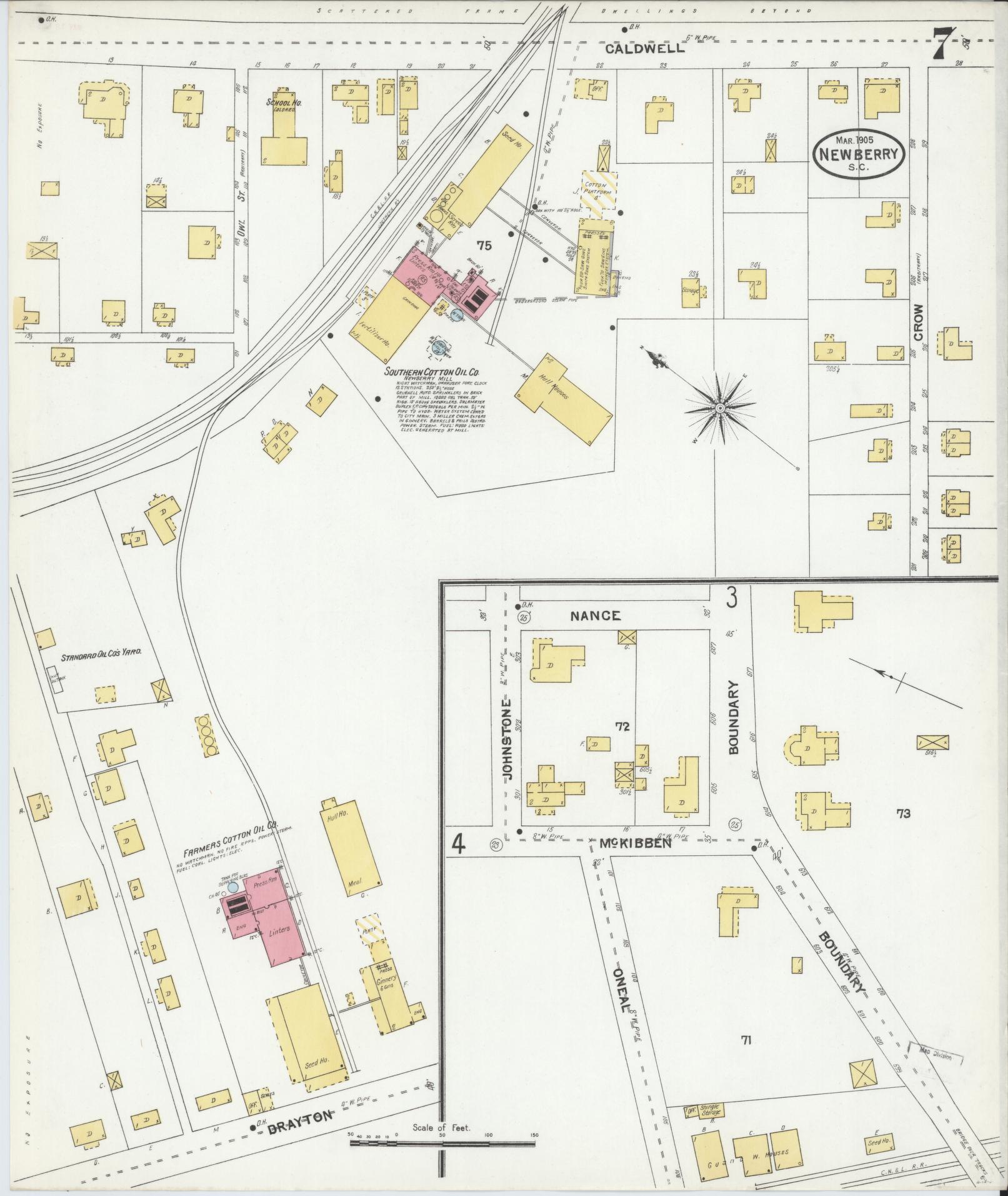 Sanborn Fire Insurance Map from Newberry, Newberry County, South Carolina (1905), Sheet #0007 - Historic Sanborn Fire Insurance Map Print, vintage old map wall art, antique decor, genealogy gift, South Carolina South Carolina map