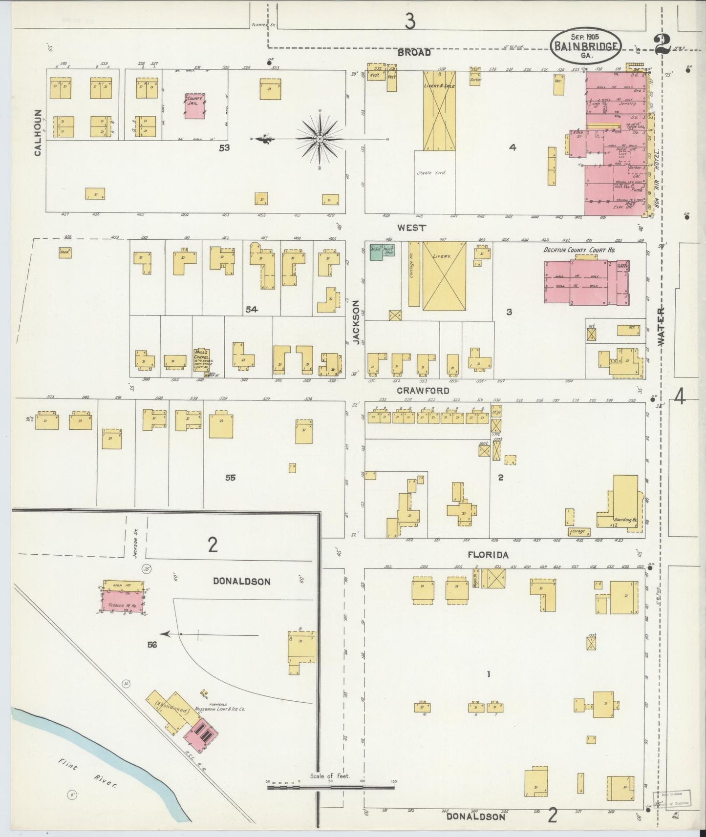 Sanborn Fire Insurance Map from Bainbridge, Decatur County, Georgia (1905), Sheet #0002 - Complete Map Set gallery image, historic Sanborn map, vintage wall art, Georgia Georgia