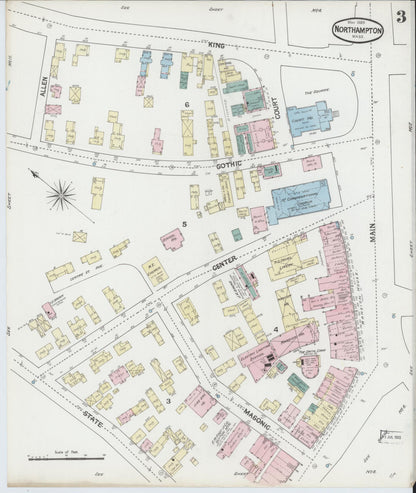Sanborn Fire Insurance Map from Northampton, Hampshire County, Massachusetts (1889), Sheet #0003 - Historic Sanborn Fire Insurance Map Print, vintage old map wall art, antique decor, genealogy gift, Massachusetts Massachusetts map