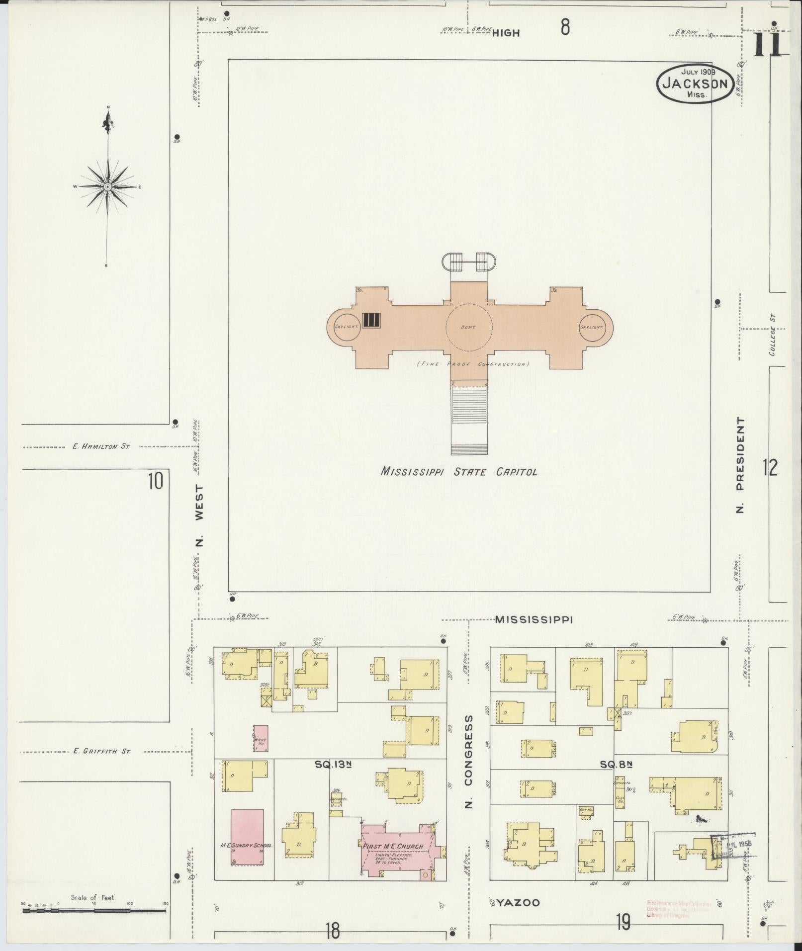 Sanborn Fire Insurance Map from Jackson, Hinds County, Mississippi (1909), Sheet #0011 - Complete Map Set gallery image, historic Sanborn map, vintage wall art, Mississippi Mississippi