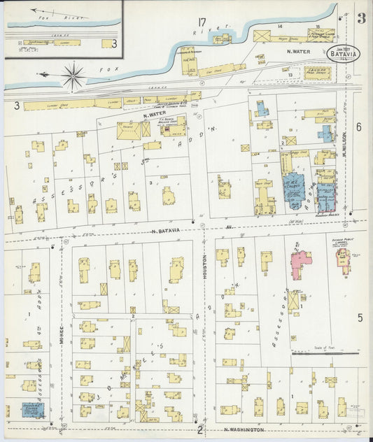 Sanborn Fire Insurance Map from Batavia, Kane County, Illinois (1907), Sheet #0003 - Historic Sanborn Fire Insurance Map Print, vintage old map wall art, antique decor, genealogy gift, Illinois Illinois map