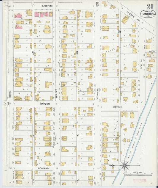 Sanborn Fire Insurance Map from Hannibal, Marion County, Missouri (1906), Sheet #0021 - Historic Sanborn Fire Insurance Map Print, vintage old map wall art, antique decor, genealogy gift, Missouri Missouri map