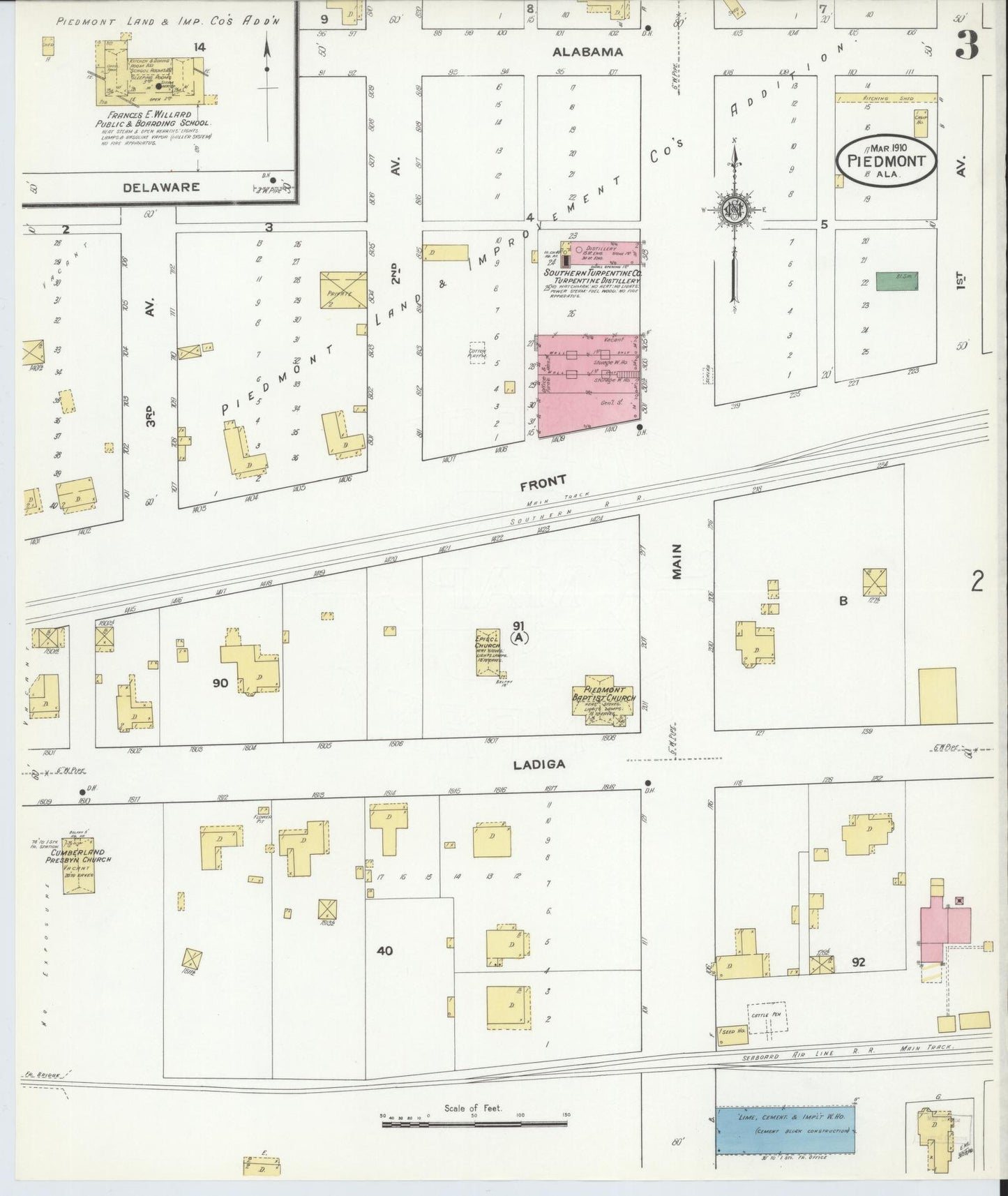 Sanborn Fire Insurance Map from Piedmont, Calhoun County, Alabama (1910), Sheet #0003 - Historic Sanborn Fire Insurance Map Print, vintage old map wall art, antique decor, genealogy gift, Alabama Alabama map