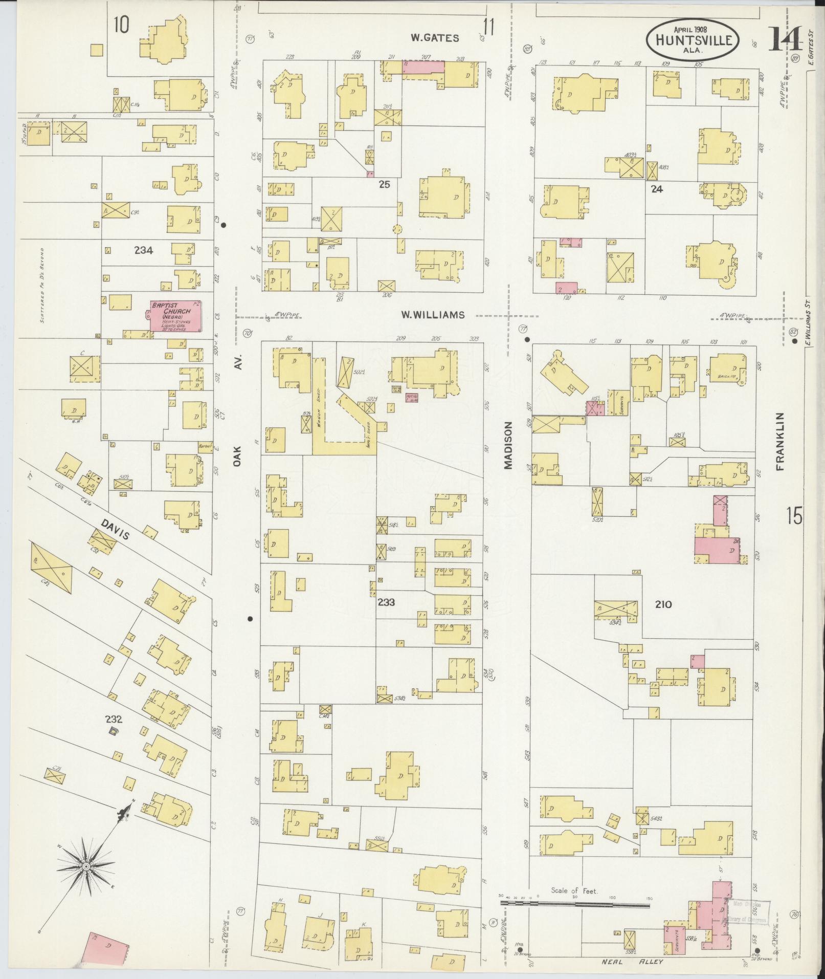 Sanborn Fire Insurance Map from Huntsville, Madison County, Alabama (1908), Sheet #0014 - Complete Map Set gallery image, historic Sanborn map, vintage wall art, Alabama Alabama