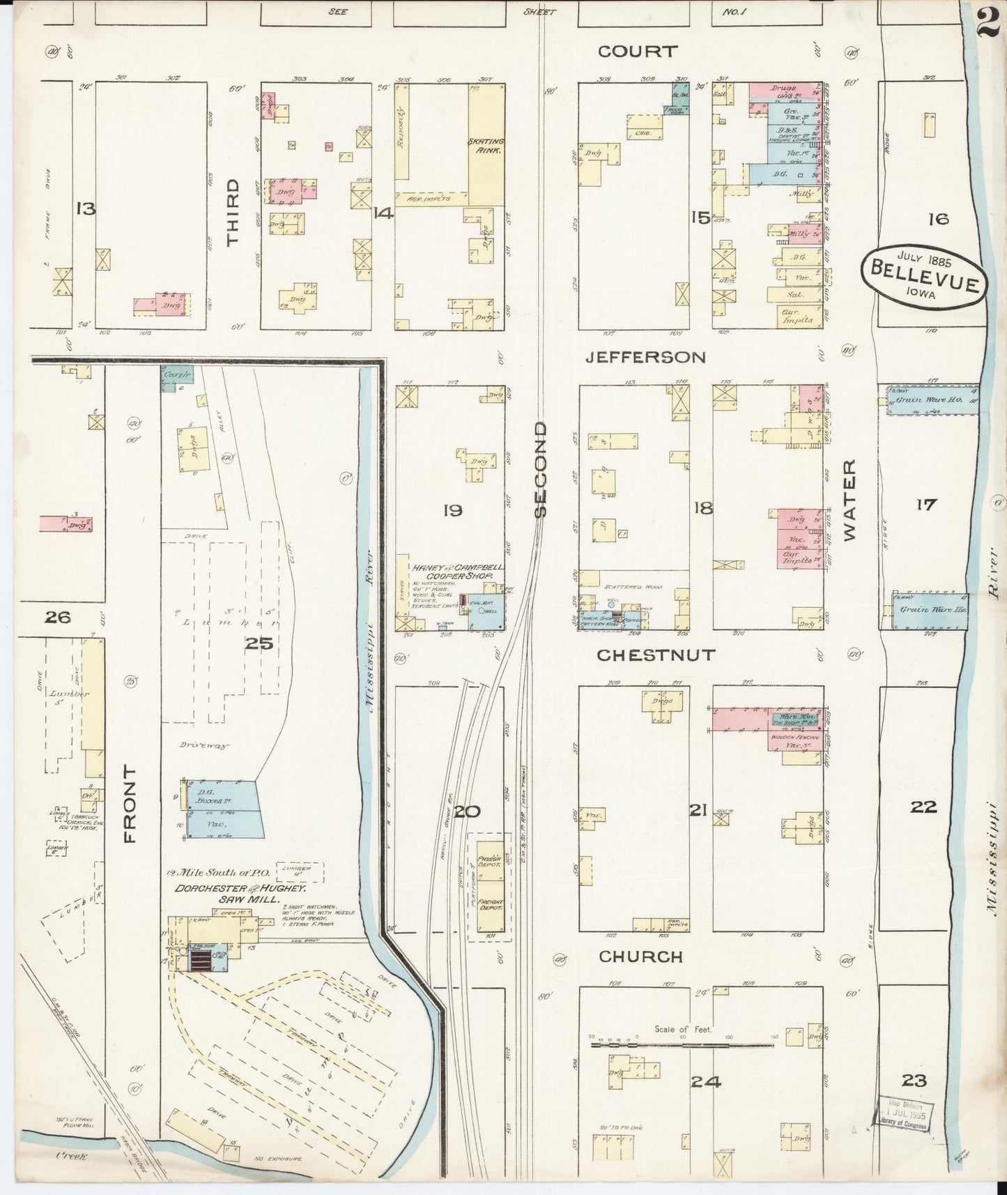 Sanborn Fire Insurance Map from Bellevue, Jackson County, Iowa (1885), Sheet #0002 - Historic Sanborn Fire Insurance Map Print, vintage old map wall art