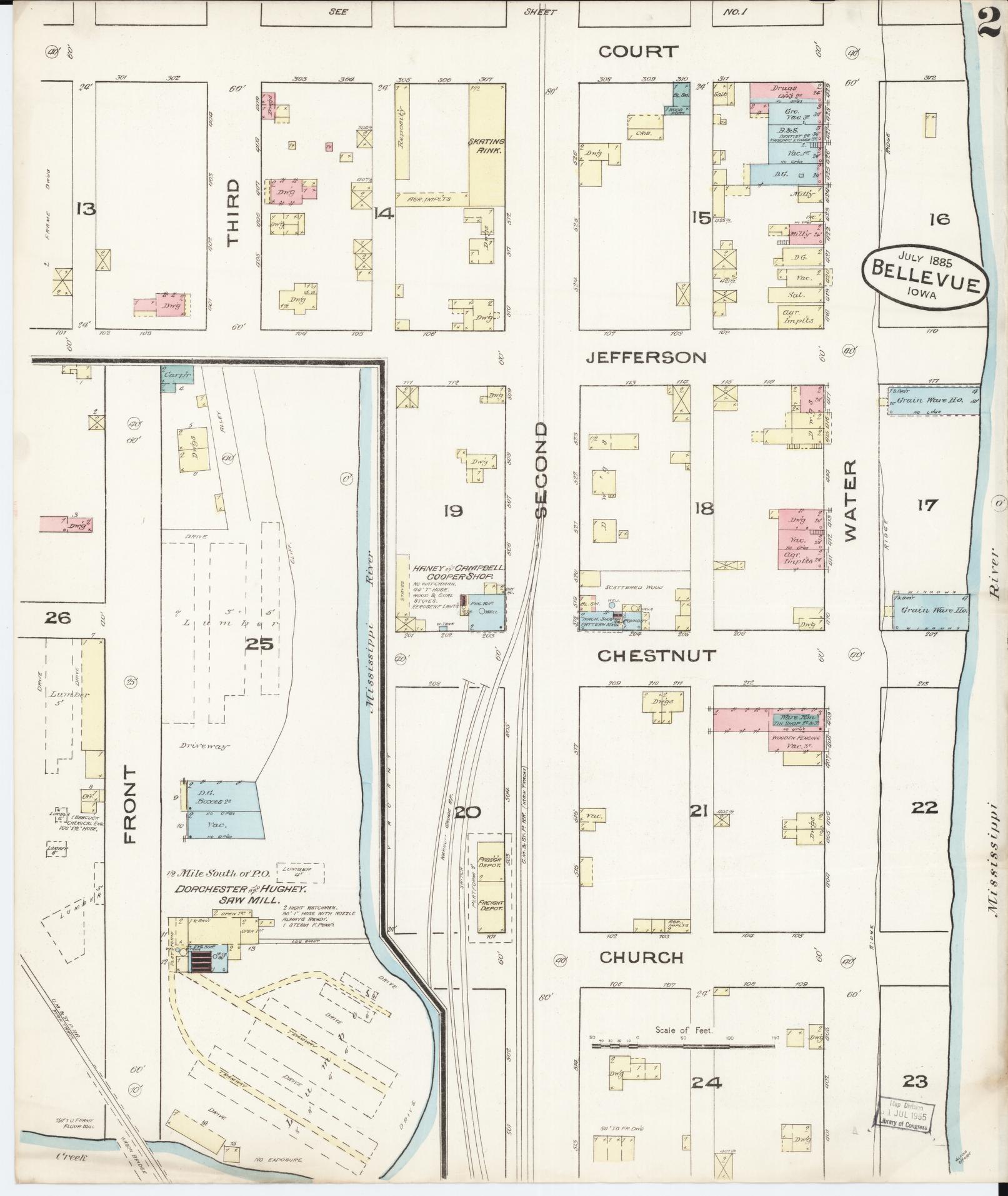 Sanborn Fire Insurance Map from Bellevue, Jackson County, Iowa (1885), Sheet #0002 - Historic Sanborn Fire Insurance Map Print, vintage old map wall art