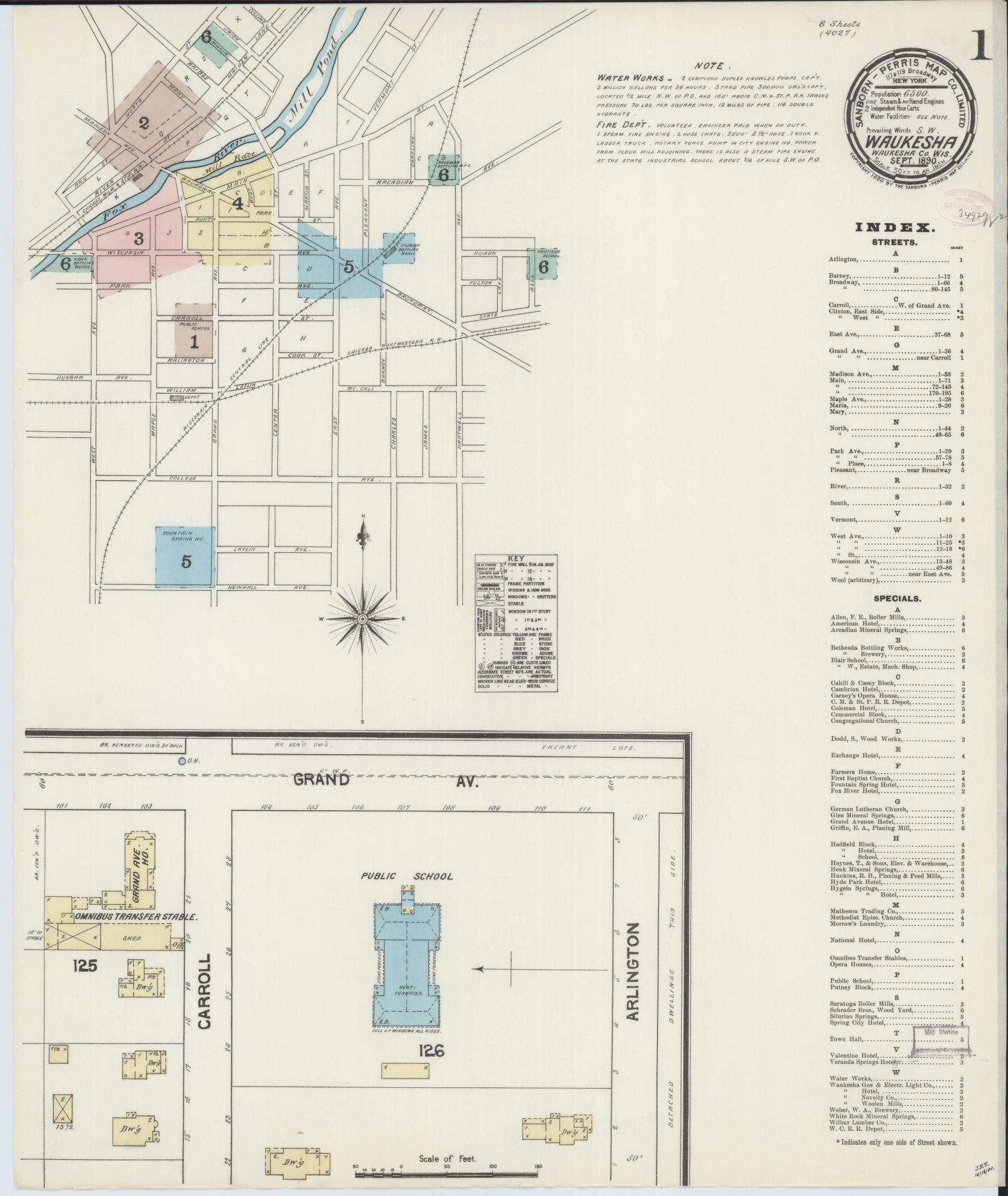 Sanborn Fire Insurance Map from Waukesha, Waukesha County, Wisconsin (1890), Sheet #0001 - Complete Map Set gallery image, historic Sanborn map, vintage wall art, Wisconsin Wisconsin