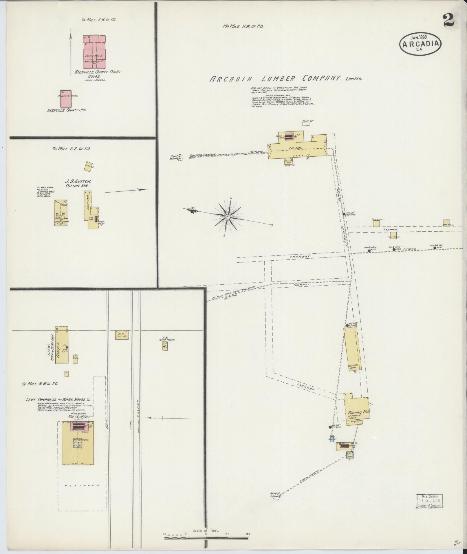 Sanborn Fire Insurance Map from Arcadia, Bienville Parish, Louisiana (1898), Sheet #0002 - Historic Sanborn Fire Insurance Map Print, vintage old map wall art, antique decor, genealogy gift, Louisiana Louisiana map