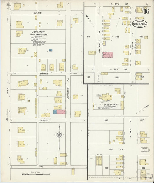 Sanborn Fire Insurance Map from Bessemer, Jefferson County, Alabama (1913), Sheet #0016 - Historic Sanborn Fire Insurance Map Print, vintage old map wall art, antique decor, genealogy gift, Alabama Alabama map