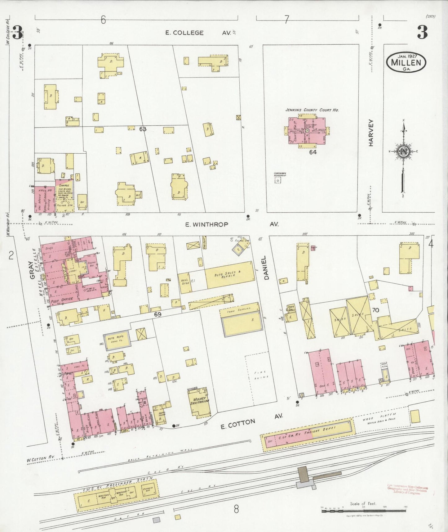Sanborn Fire Insurance Map from Millen, Jenkins County, Georgia (1927), Sheet #0003 - Complete Map Set gallery image, historic Sanborn map, vintage wall art, Georgia Georgia