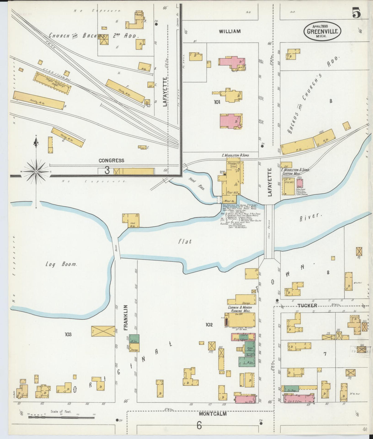 Sanborn Fire Insurance Map from Greenville, Montcalm County, Michigan (1900), Sheet #0005 - Historic Sanborn Fire Insurance Map Print, vintage old map wall art, antique decor, genealogy gift, Michigan Michigan map