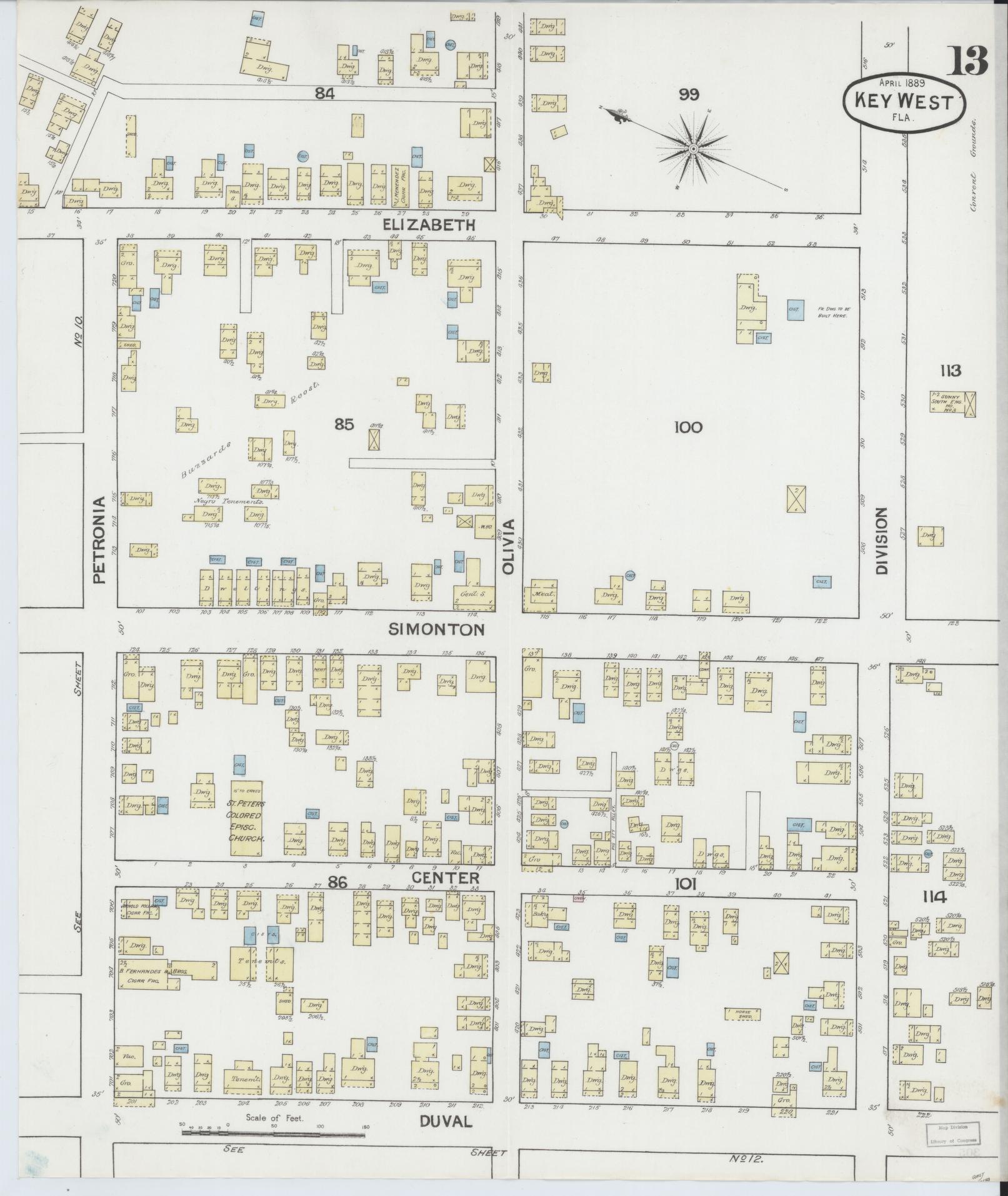 Sanborn Fire Insurance Map from Key West, Monroe County, Florida (1889), Sheet #0013 - Complete Map Set gallery image, historic Sanborn map, vintage wall art, Florida Florida