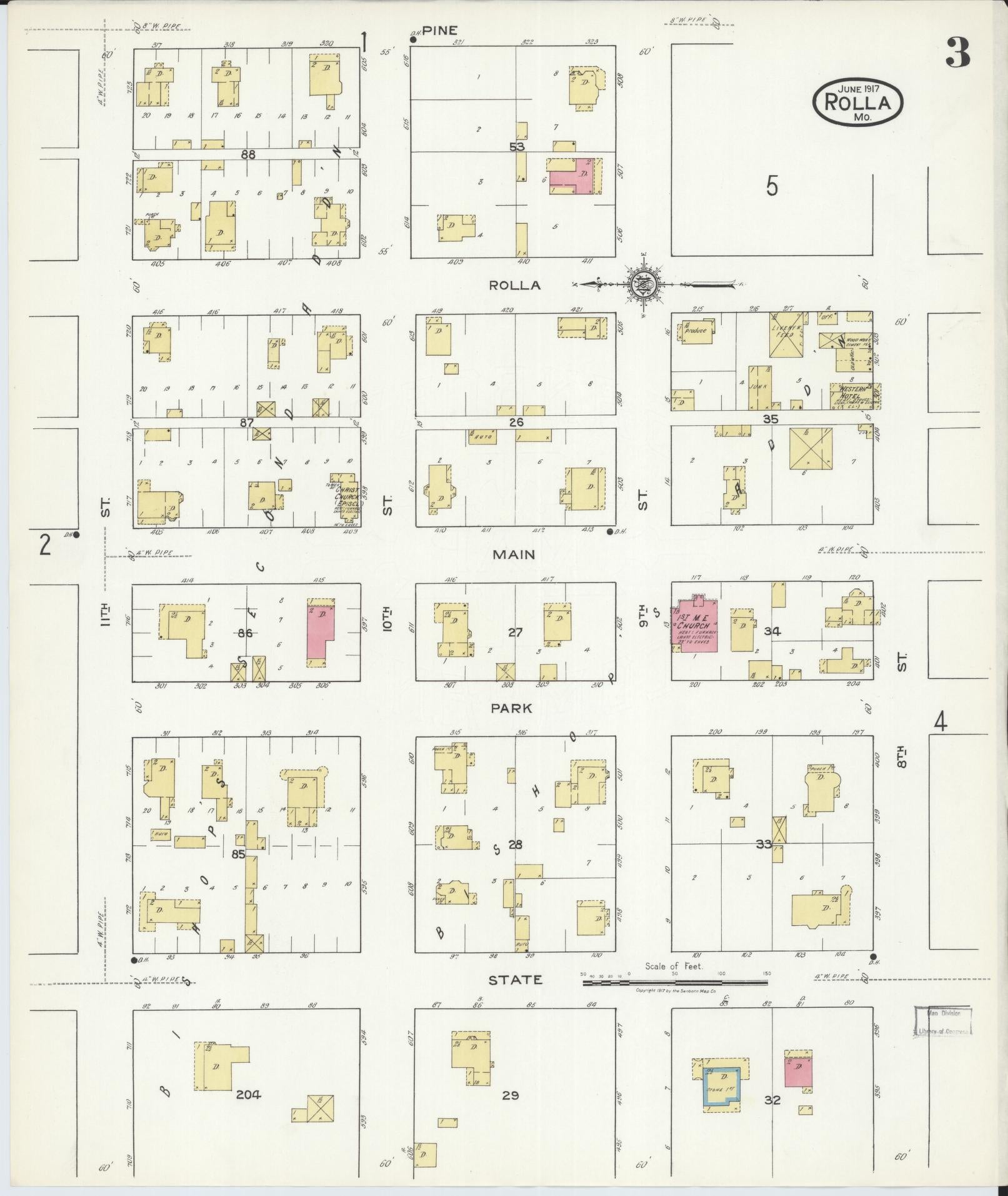 Sanborn Fire Insurance Map from Rolla, Phelps County, Missouri (1917), Sheet #0003 - Historic Sanborn Fire Insurance Map Print, vintage old map wall art, antique decor, genealogy gift, Missouri Missouri map