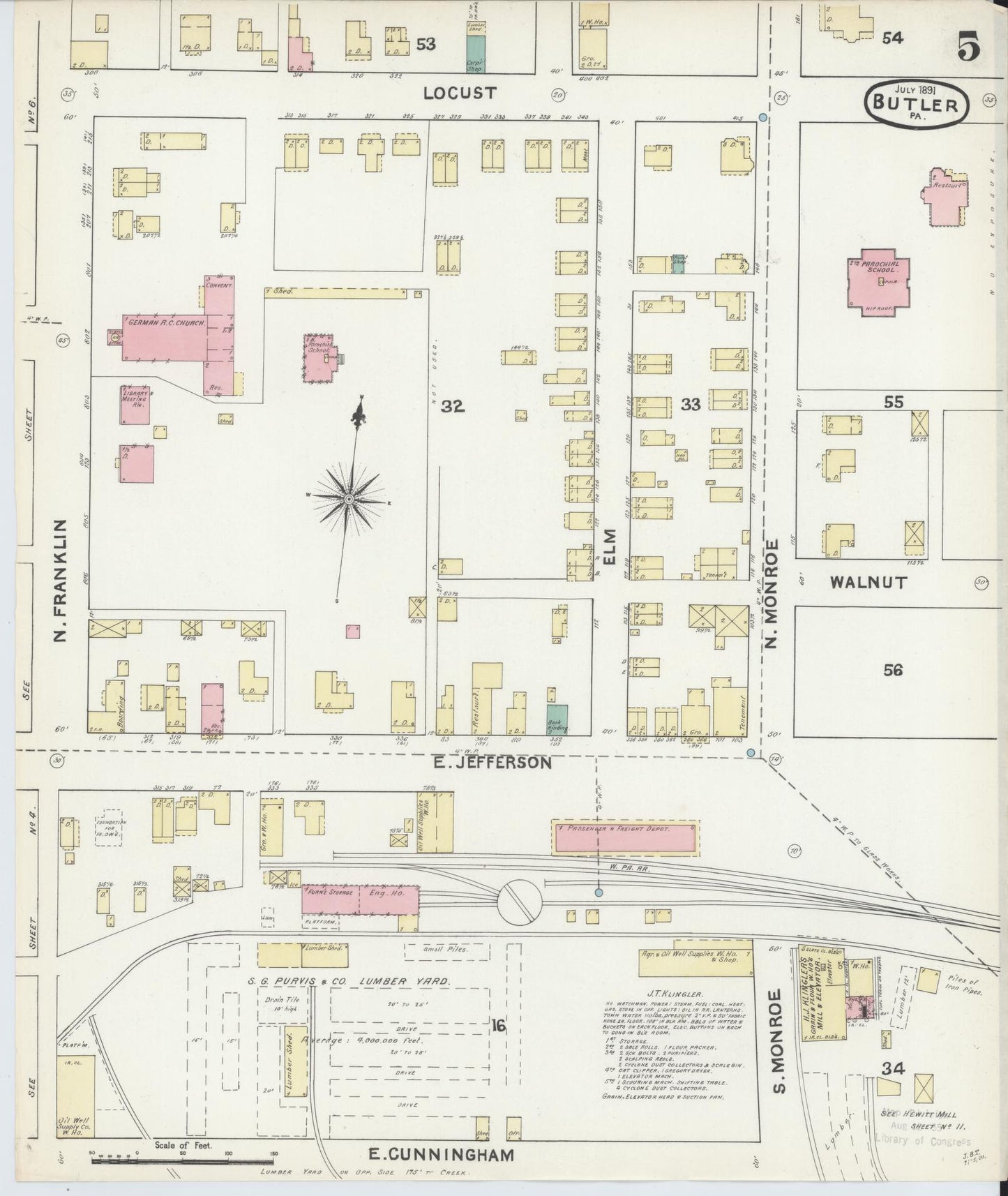 Sanborn Fire Insurance Map from Butler, Butler County, Pennsylvania (1891), Sheet #0005 - Historic Sanborn Fire Insurance Map Print, vintage old map wall art, antique decor, genealogy gift, Pennsylvania Pennsylvania map