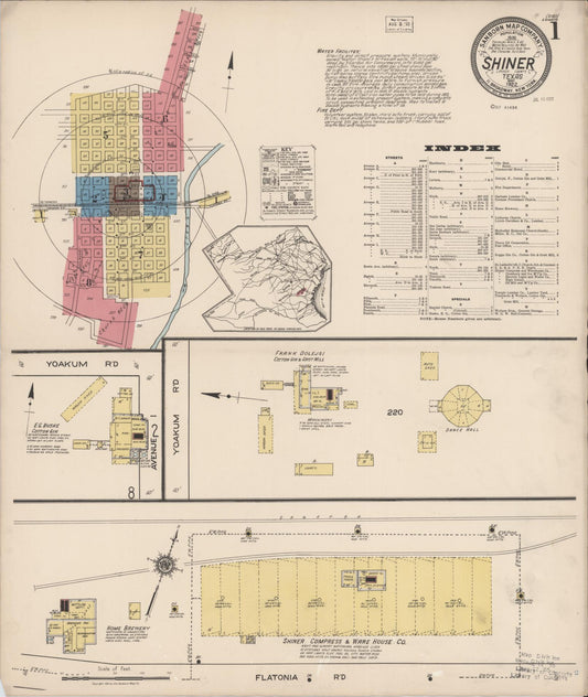 Sanborn Fire Insurance Map from Shiner, Lavaca County, Texas (1922), Sheet #0001 - Historic Sanborn Fire Insurance Map Print, vintage old map wall art, antique decor, genealogy gift, Texas Texas map