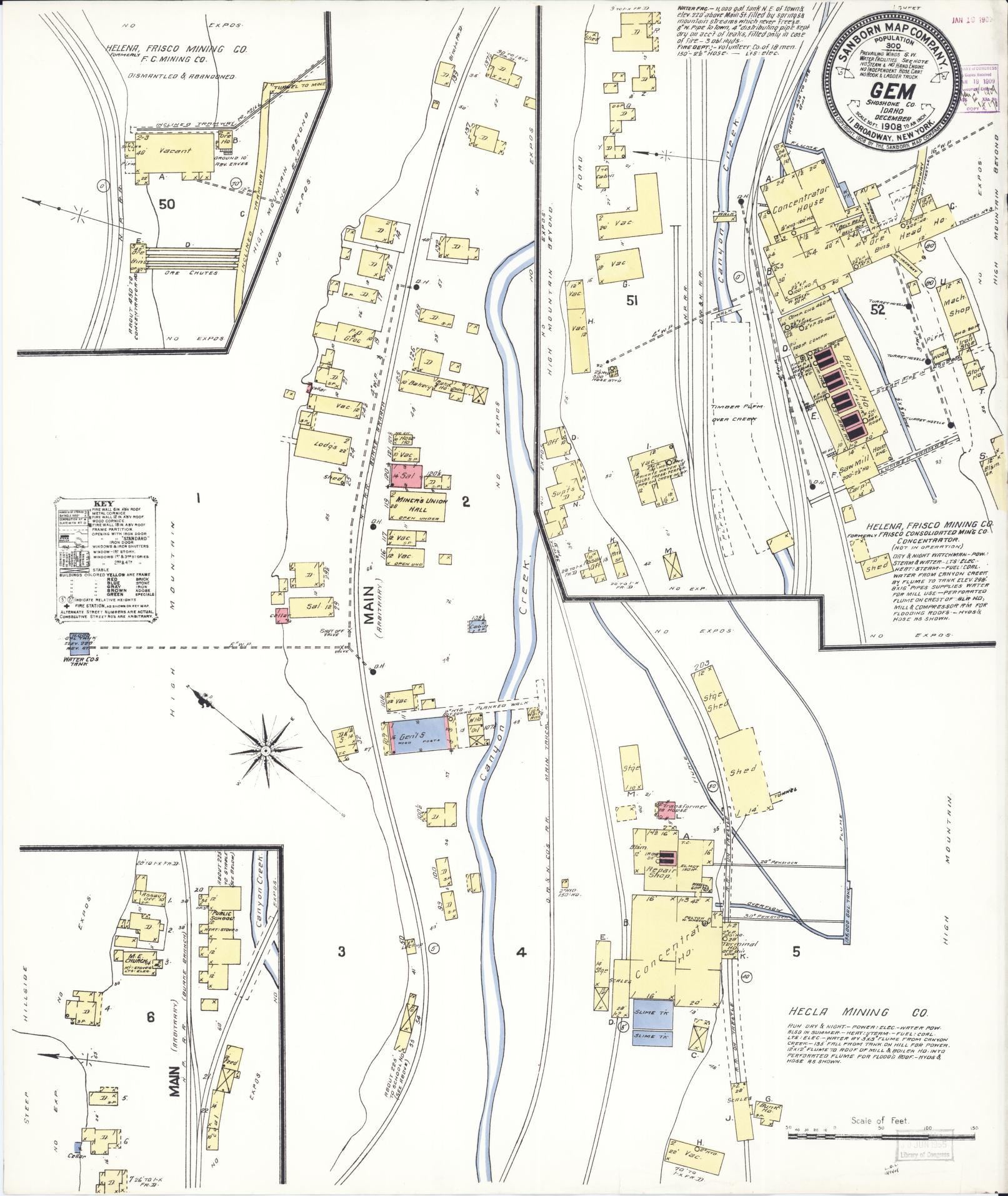 Sanborn Fire Insurance Map from Gem, Shoshone County, Idaho (1908), Sheet #0001 - Historic Sanborn Fire Insurance Map Print, vintage old map wall art, antique decor, genealogy gift, Idaho Idaho map