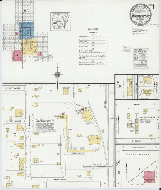 Sanborn Fire Insurance Map from Murfreesboro, Pike County, Arkansas (1919), Sheet #0001 - Complete Map Set gallery image, historic Sanborn map, vintage wall art, Arkansas Arkansas