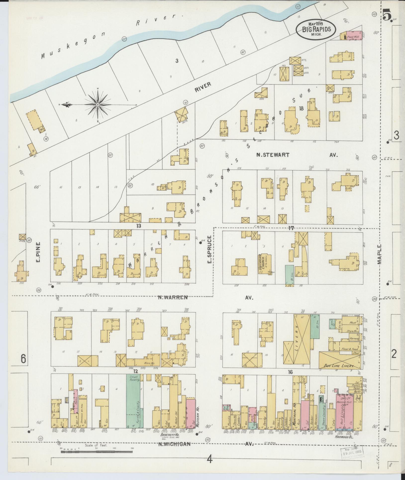 Sanborn Fire Insurance Map from Big Rapids, Mecosta County, Michigan (1899), Sheet #0005 - Historic Sanborn Fire Insurance Map Print, vintage old map wall art, antique decor, genealogy gift, Michigan Michigan map