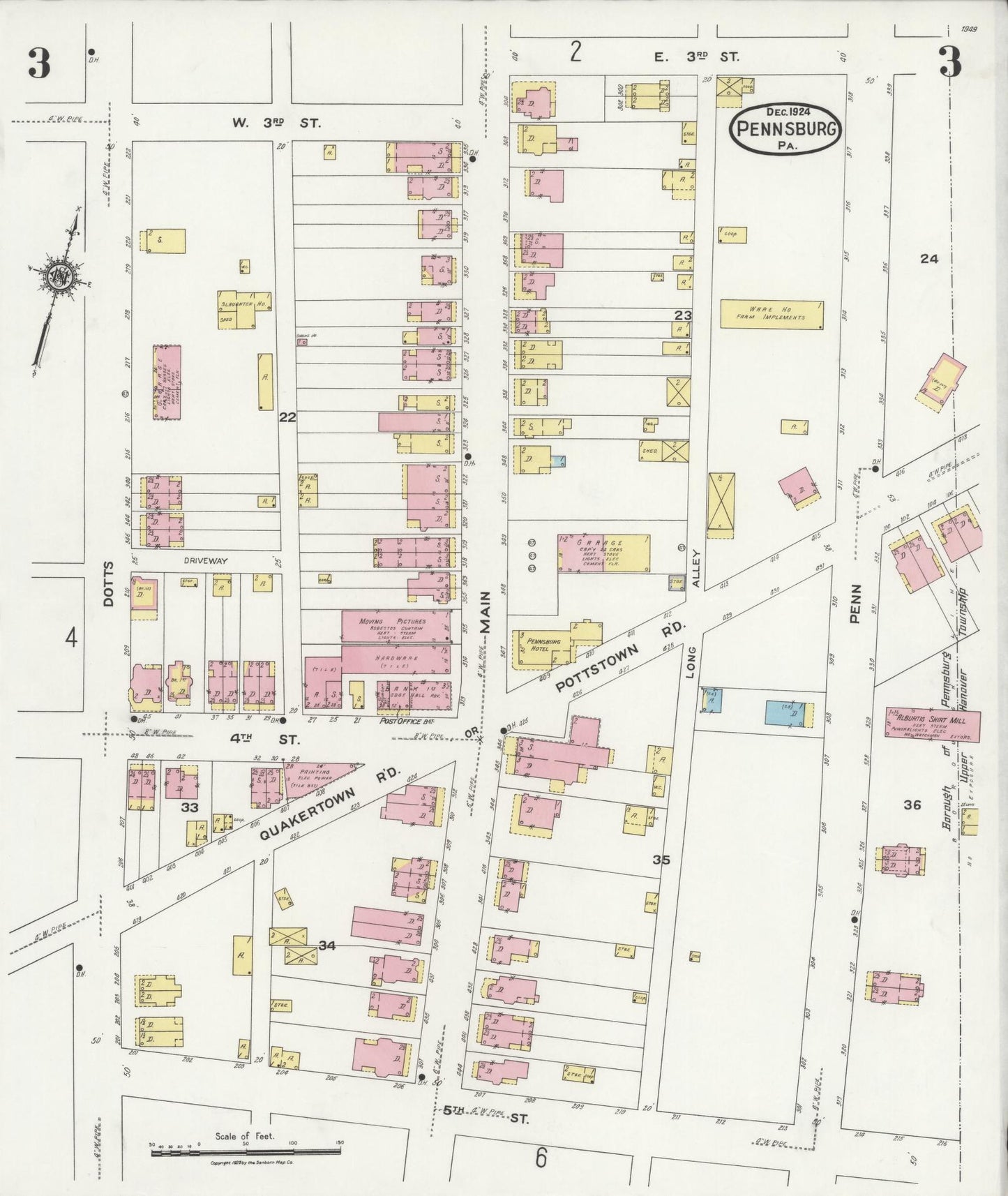 Sanborn Fire Insurance Map from Pennsburg, Montgomery County, Pennsylvania (1924), Sheet #0003 - Historic Sanborn Fire Insurance Map Print, vintage old map wall art, antique decor, genealogy gift, Pennsylvania Pennsylvania map